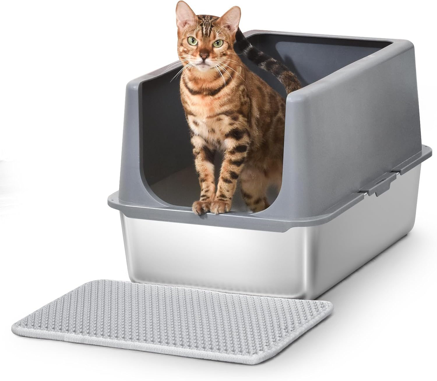 Stainless Steel Cat Litter Box with Scatter Shield, XL Extra Large for Big Cats, High Sided Enclosure Metal Cat Litter Pan/Tray with Litter Mat, Non-Sticky, Anti-Urine Leakage, Easy Cleaning image number 4