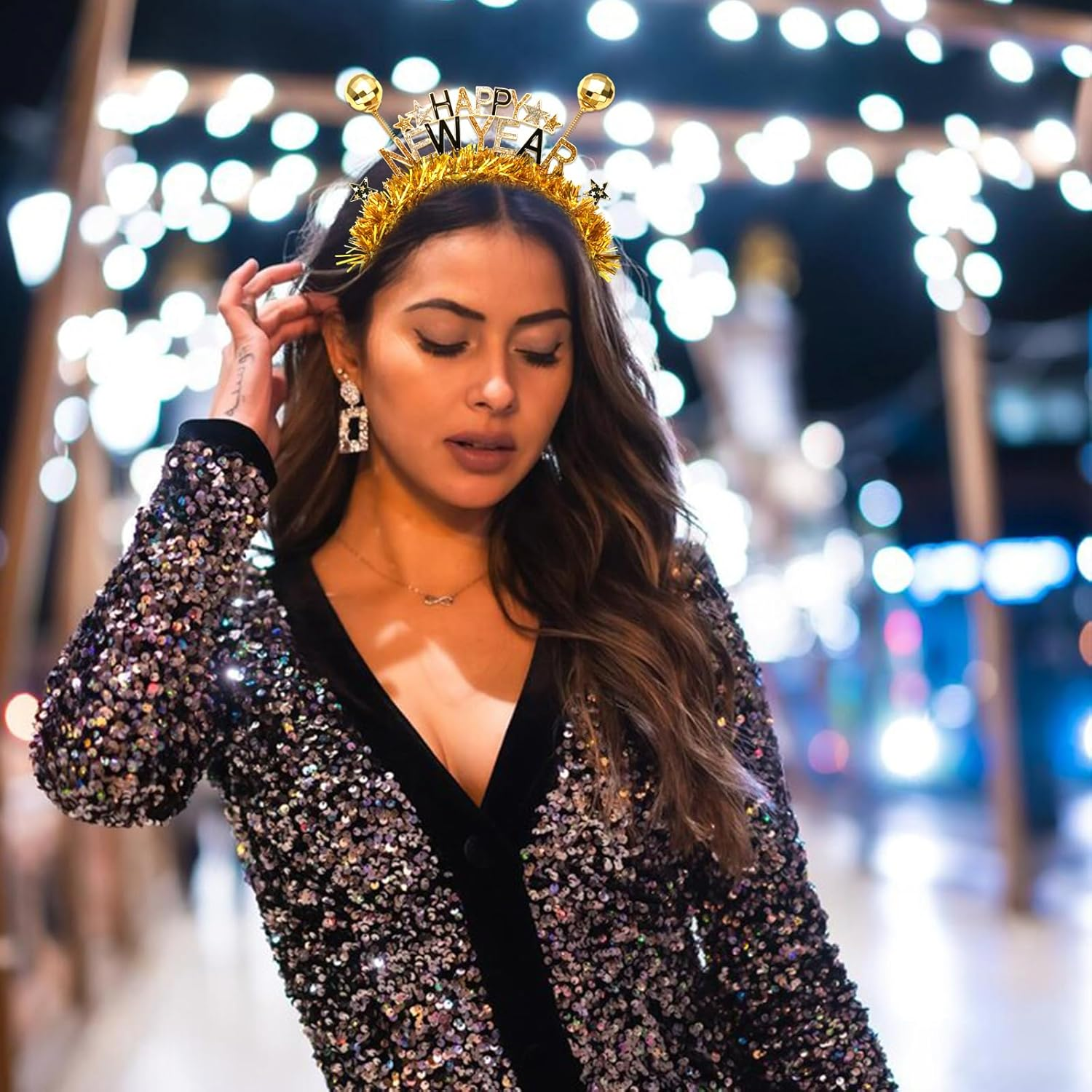 FAERLIIRY Happy New Year Headband 2024 New Years Headband for Women Girls Disco Ball Glitter Headpiece Holiday Headbands Hair Accessories New Year'S Eve Celebration Party Gifts (Happy New Year) - Purple Green Gold image number 5