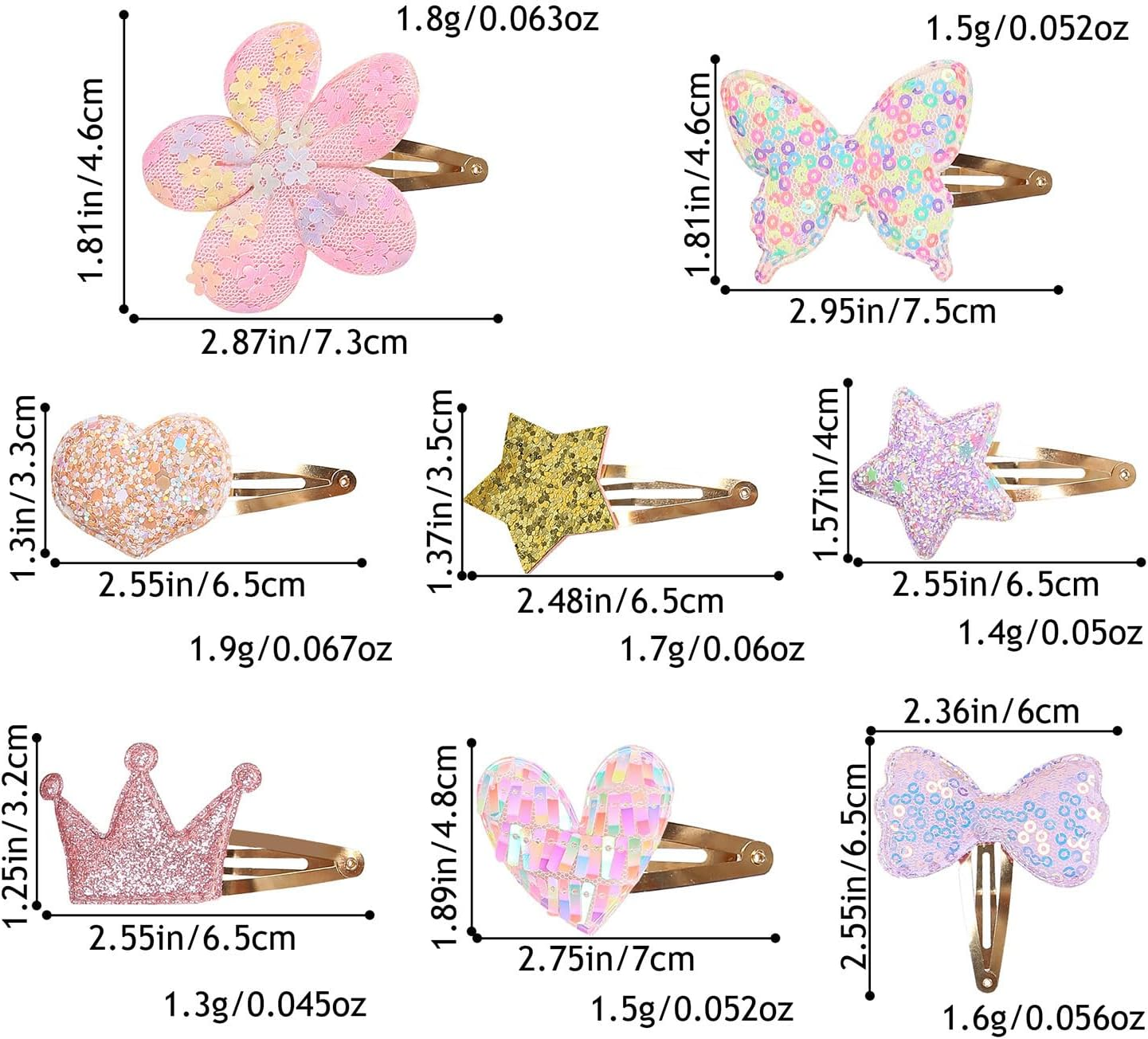 Hair Clips for Girls - 8 Pairs of Star, Crown, Heart, Butterfly Shaped Barrettes and Pins - Metal Snap Accessories for Styling Kids' Hair - Multicolor 2 image number 3