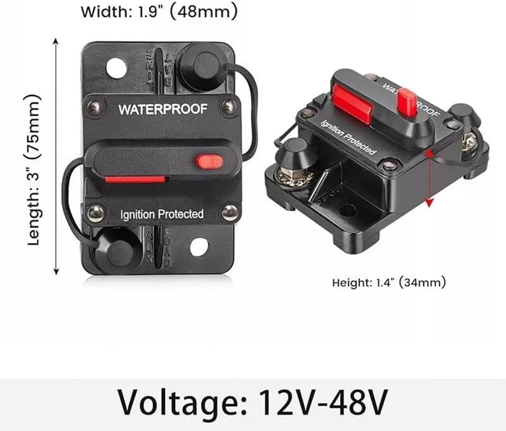 Anhoer Circuit Breaker with Manual Reset 12V-48V DC Waterproof Circuit Breaker Fuse Holder Inverter 50-250A for Solar Power Marine Boat Car Motor (60A) image number 2