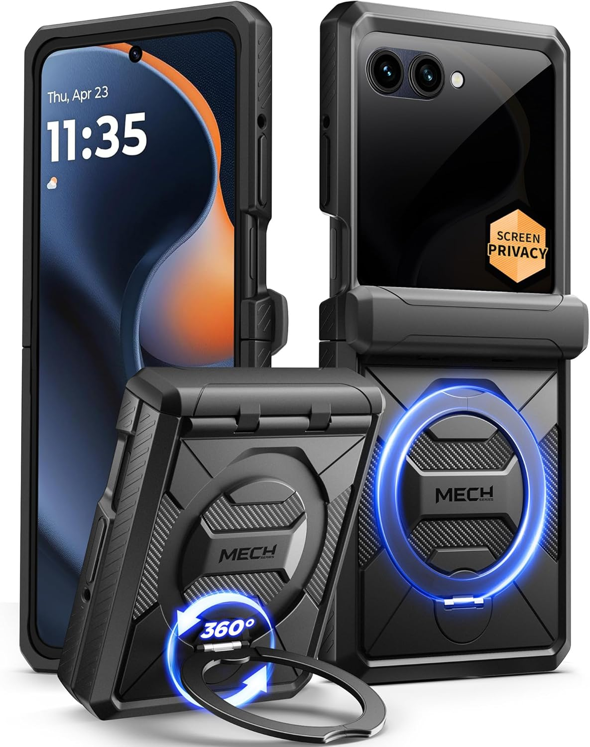 TONGATE for Motorola Razr 2025 Case/Razr 2024 Case with Privacy Screen Protector, [360&deg; Spin Magnetic Stand] [Compatible with Magsafe] [Hinge Protection] Full-Body Military Drop Phone Cover, Black