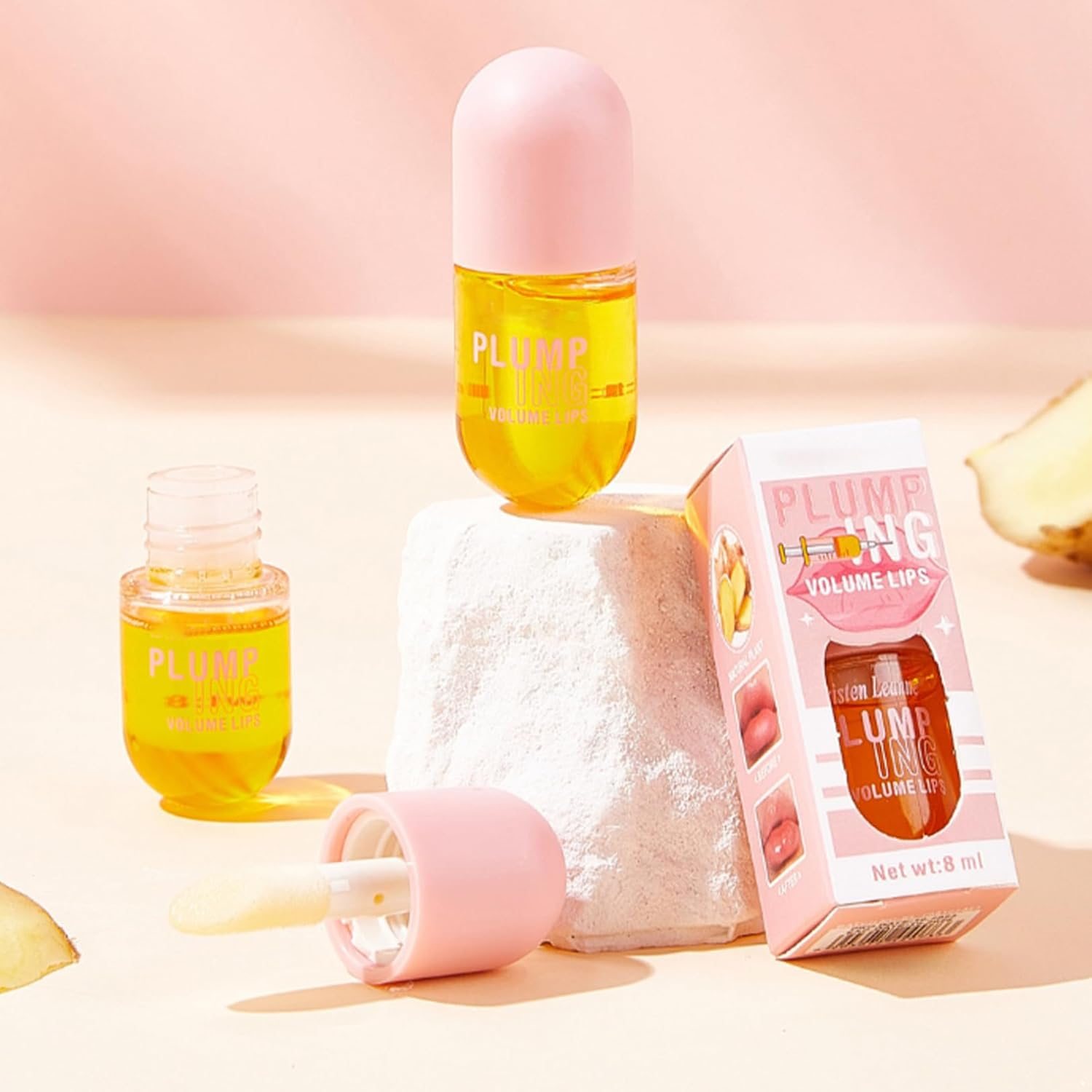 FEESHOW 2-Piece Ginger Lip Oil Set, 8Ml Daily Conditioning Plumper for Hydrated Fuller Looking Lips Yellow One Size image number 3