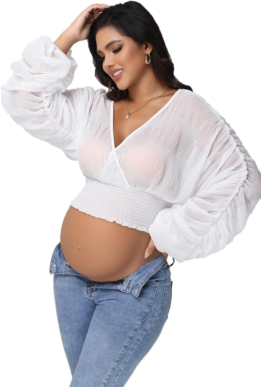 Justvh Women'S Maternity V Neck Chiffon Tunic Top Shirts for Photoshoot Puff Sleeves See-Through Casual Pregnancy Blouse image number 2