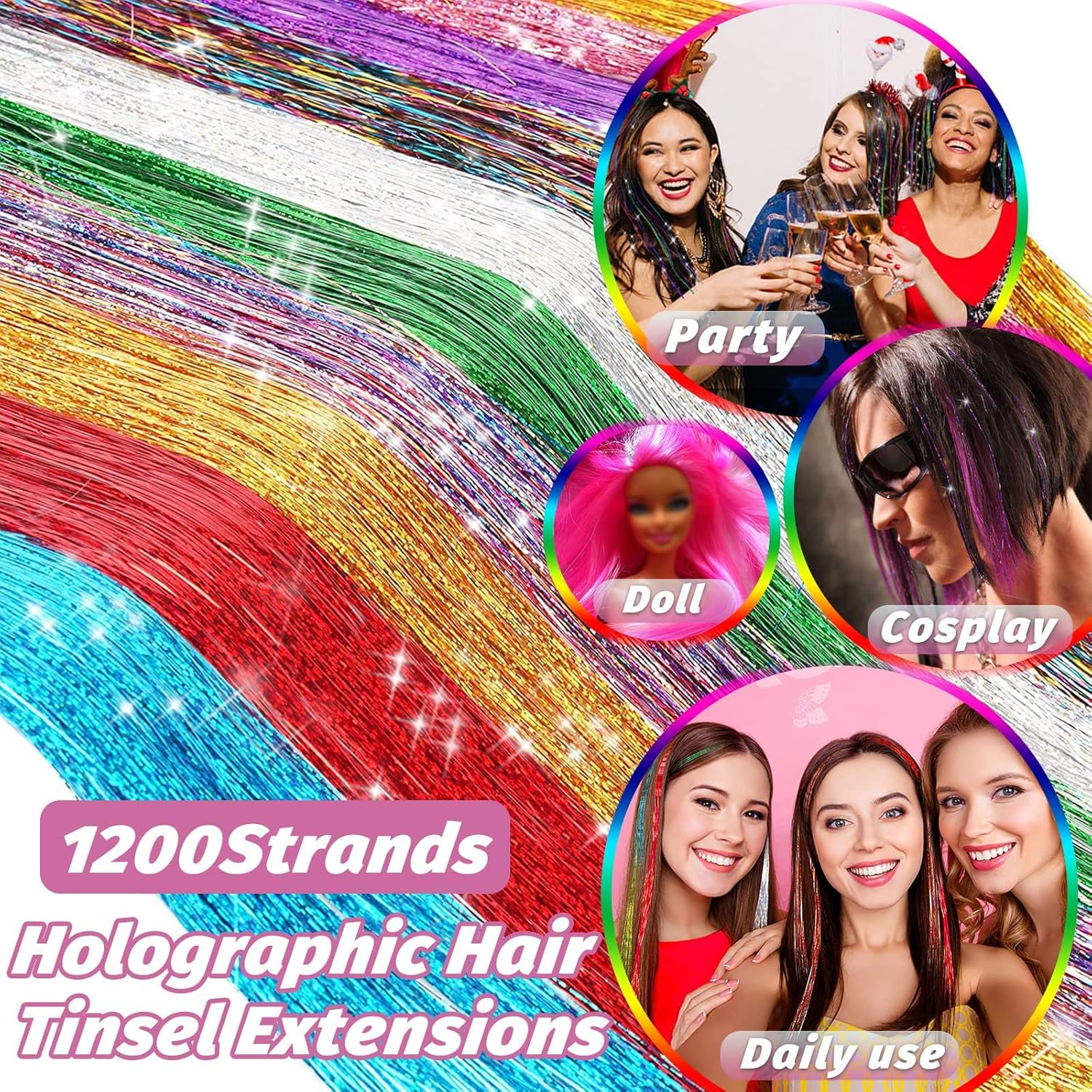 Hair Tinsel Extensions 1200 Strands &ndash; 47Inch Long Sparkle Glitter Hair Highlights, Holographic Fairy Shiny Tinsel Extensions for Women &ndash; Party, Festival and Christmas Hair Decorations (Pink) - Pink image number 4