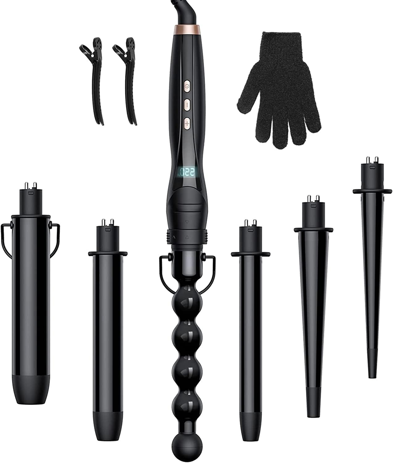Curling Iron Large and Small Curls Set - 6 in 1 with Various Attachments Antistatic Ceramic Tourmaline Coating Wave Iron for Beach Waves