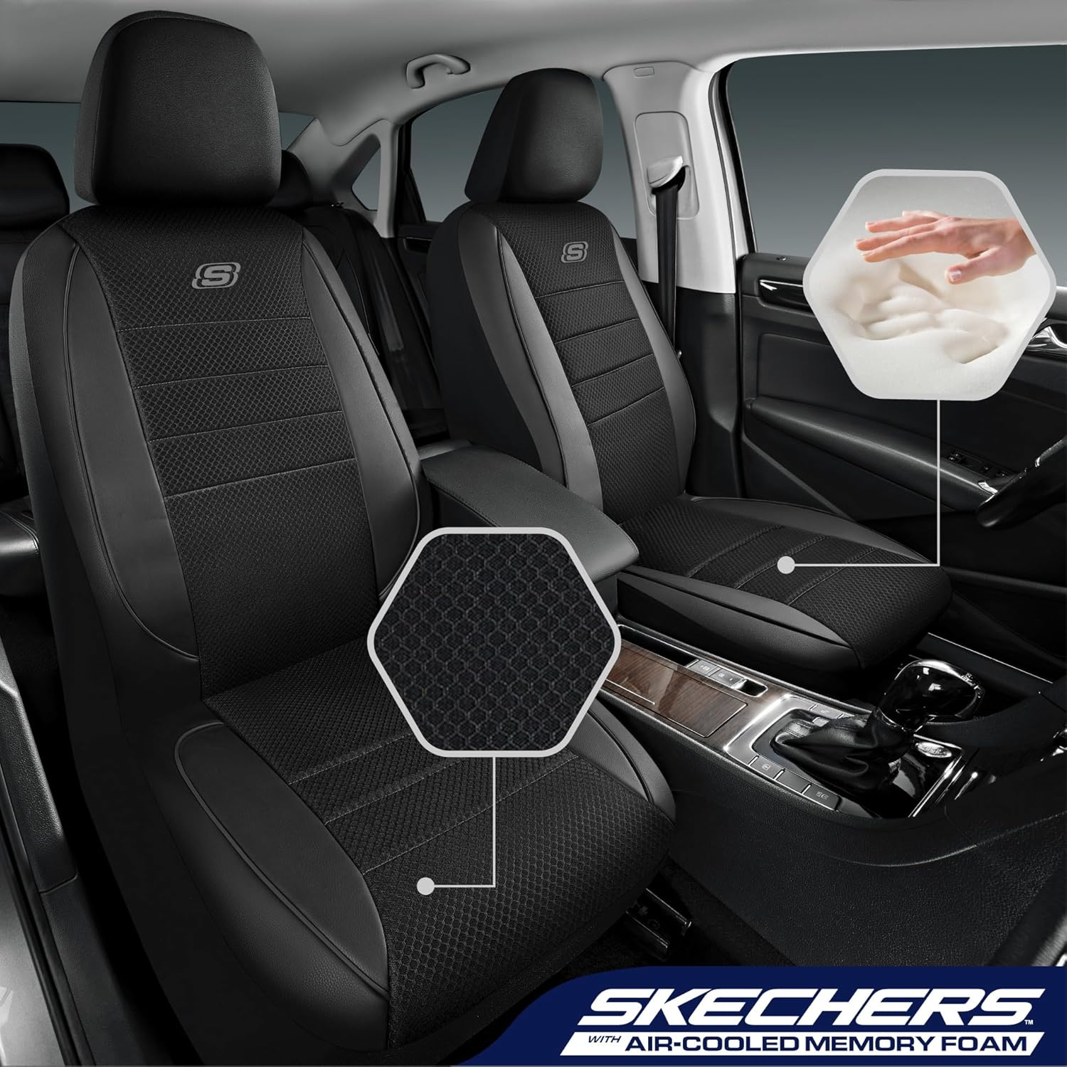 Skechers Air-Cooled Memory Foam Seat Covers,Mesh Thick Car Seat Covers,Piping Leather Car Seat Covers Front Seats,Airbag Compatible,Automotive Comfort Universal Fitmost Cars,Vans,Truck,Suv,Black image number 6