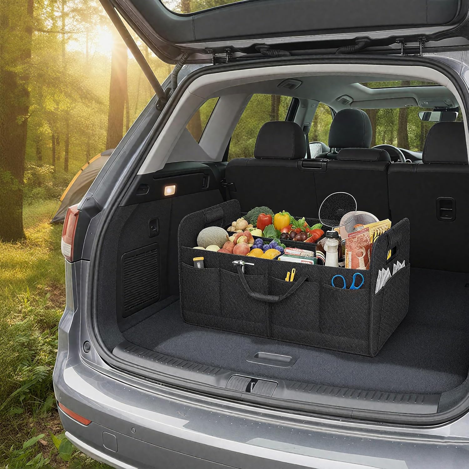 Car Boot Organiser Non-Slip - Large Collapsible Trunk Storage Box for SUV & Groceries - Heavy Duty Oxford Fabric Cargo Tidy with Dividers (Black) - Black image number 6