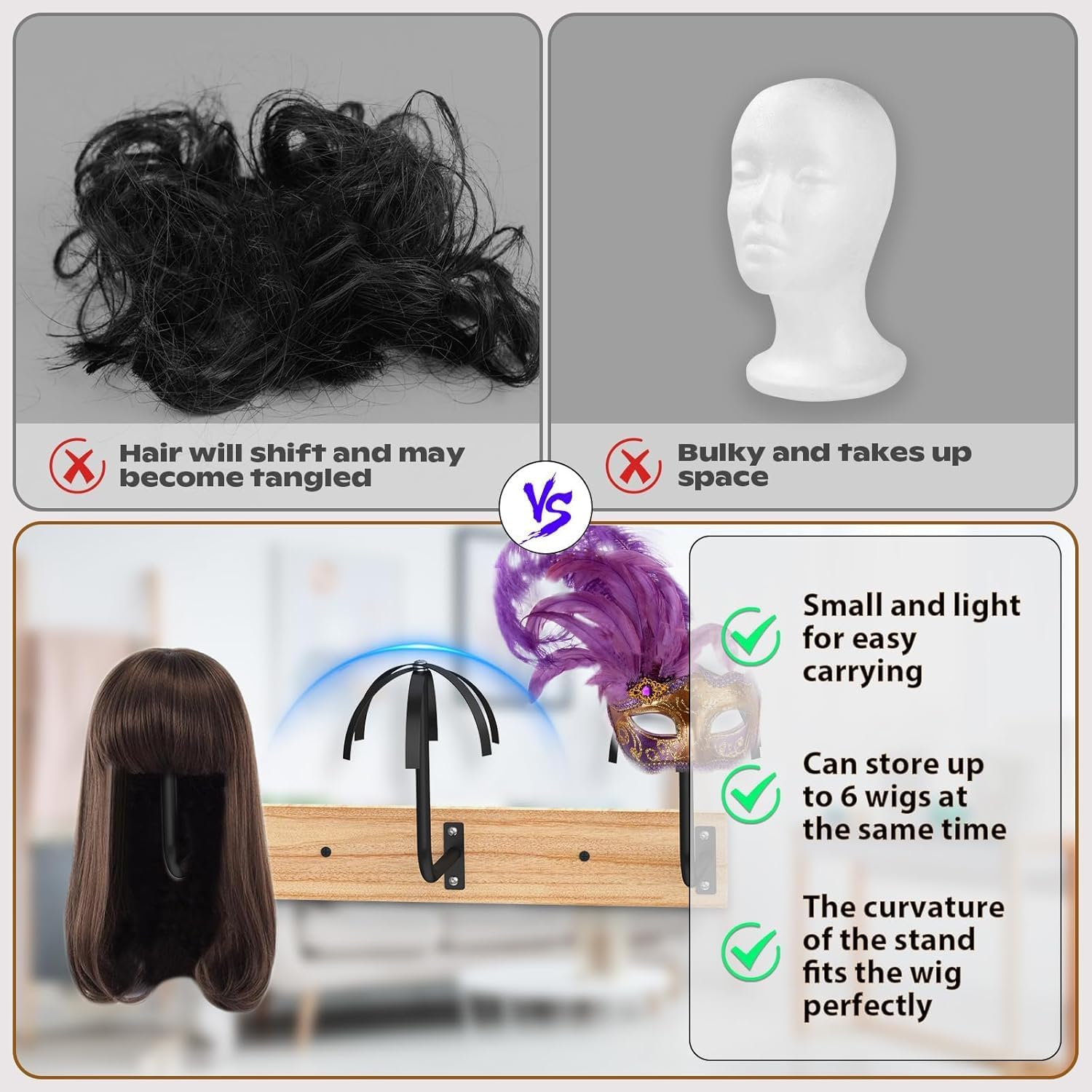 Holdonelight Wall Mounted Wig Stand Multi Wig Holder Storage Styling image number 1