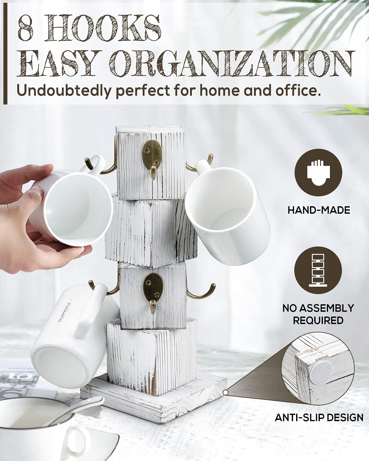 PUERSI Coffee Mug Holder for Counter, Rustic Solid Wood Mug Tree, Farmhouse Wooden Coffee Cup Rack, Distressed Mug Stand with 8 Hooks (Farmhouse White) image number 2