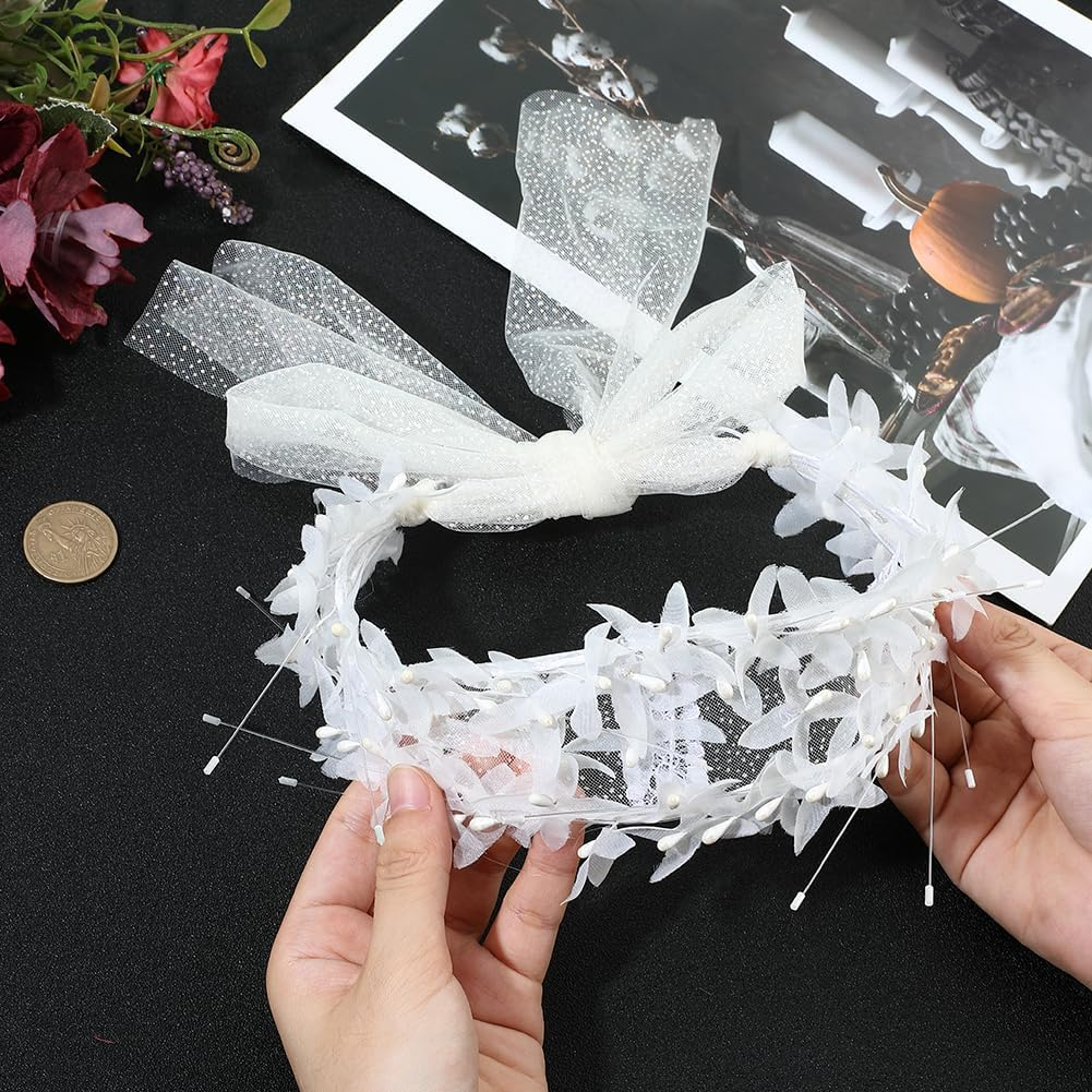 CABODYALS White Pearl Beads Mesh Headpiece Bridal Boho Fairy Headband Wedding Vintage Jewellery Hair Vine Bowknot Tulle Headbands for Women Dresses Birthday Party Halloween Cosplay Accessories image number 3