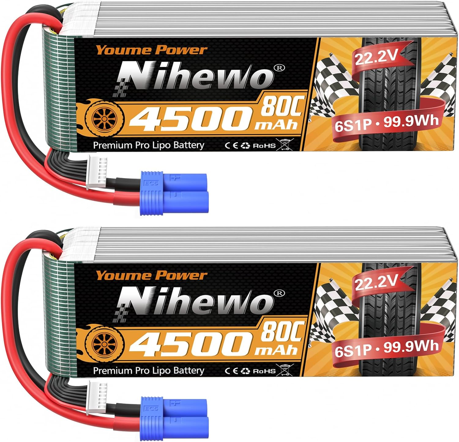 Nihewo 6S Lipo Battery,22.2V 4500Mah Lipo Battery 80C with EC5 Plug for X Class Drone Racing 70MM 80MM 90MM EDF RC Quadcopter Airplane Helicopter Car Truck Boat Hobby (2 Packs) image number 3