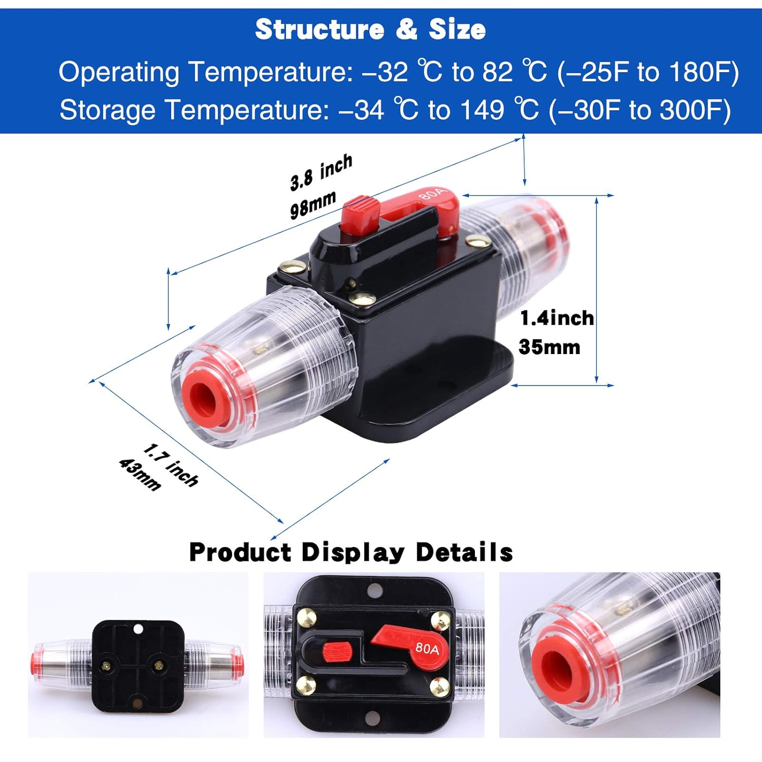 80 Amps Audio Inline Circuit Breaker Reset Fuse, 12V-24V DC Manual Reset Inline Fuse Holder for Car Marine Trolling Motors Audio, Stereo Switch and Solar Inverter System Protection 80A 2 Pcs image number 2