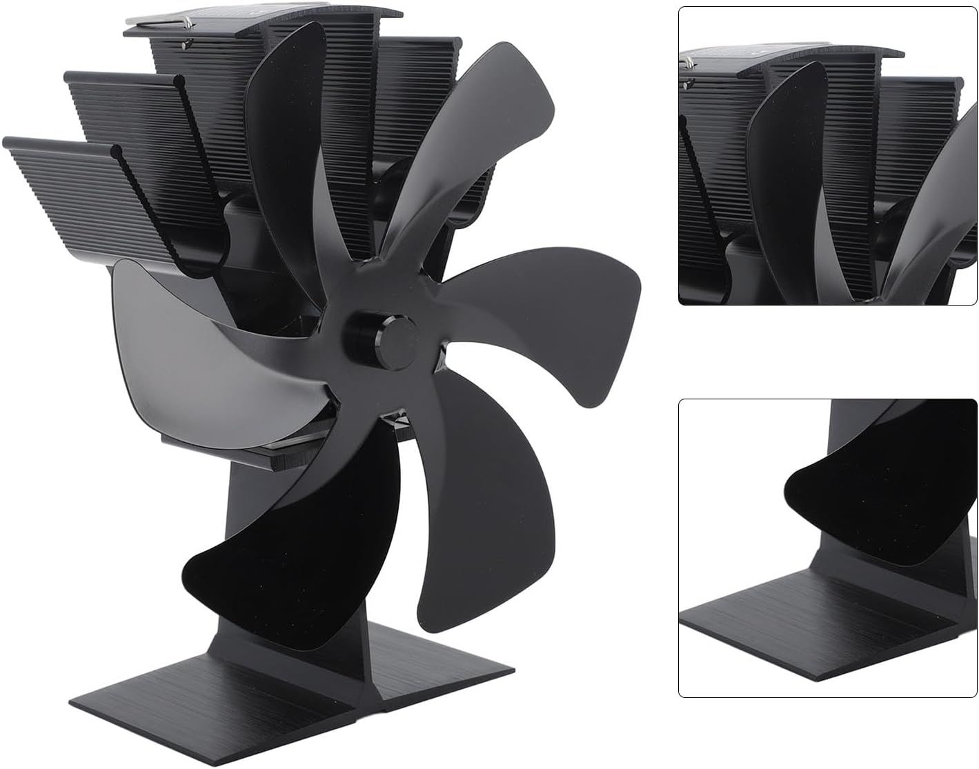 Wood Stove Fan, 6 Blades Fireplace Fan Heat Powered Non Electric, Aluminium Alloy Vertical Thermal Fan for Gas Stove, Wood Burning Stove (Black)