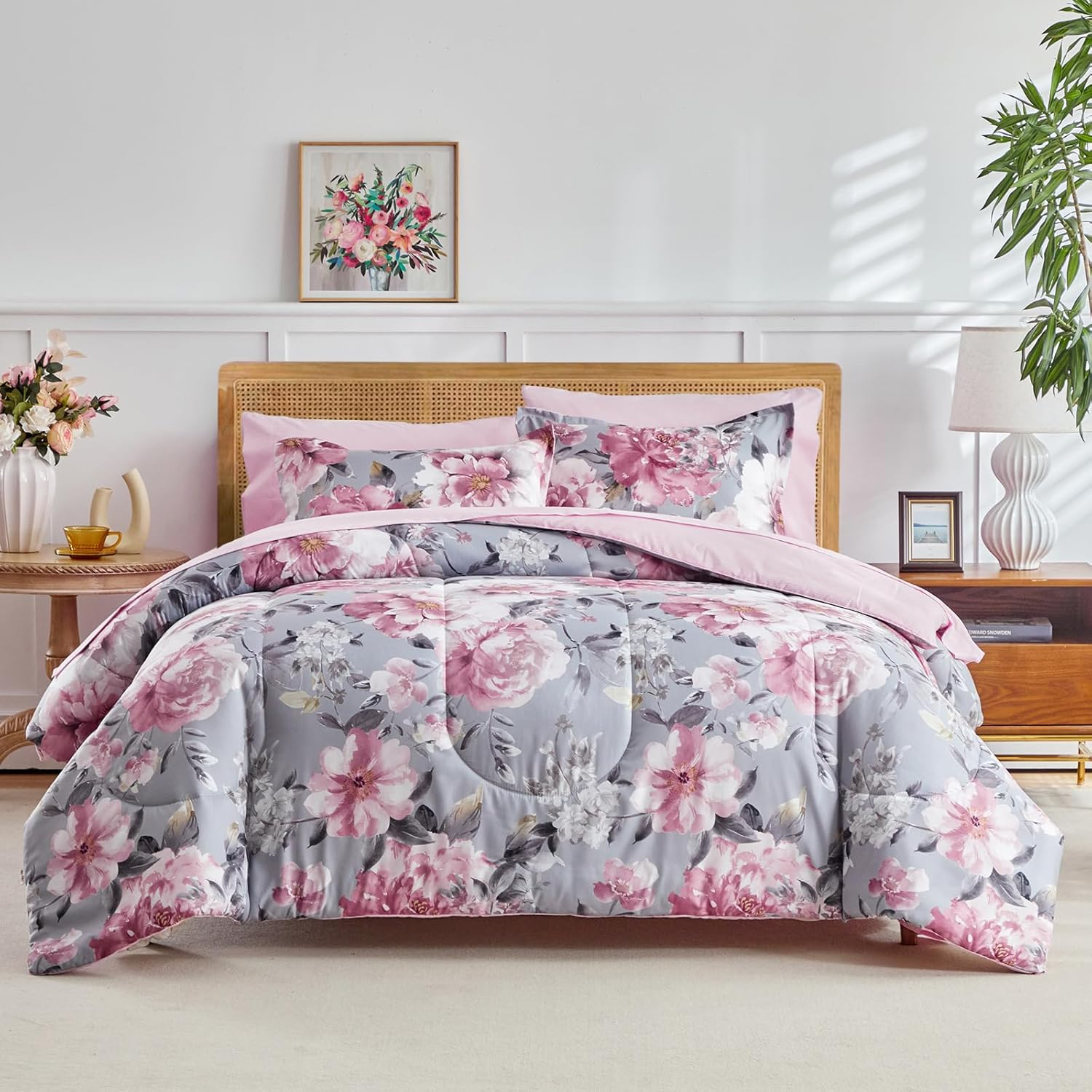 Joyreap 3Pcs Floral Comforter Set King, Tie-Dye Pink Flowers on Gray Design, Microfiber Lightweight Bedding Comforter Set for All Season- 100X88 Inches