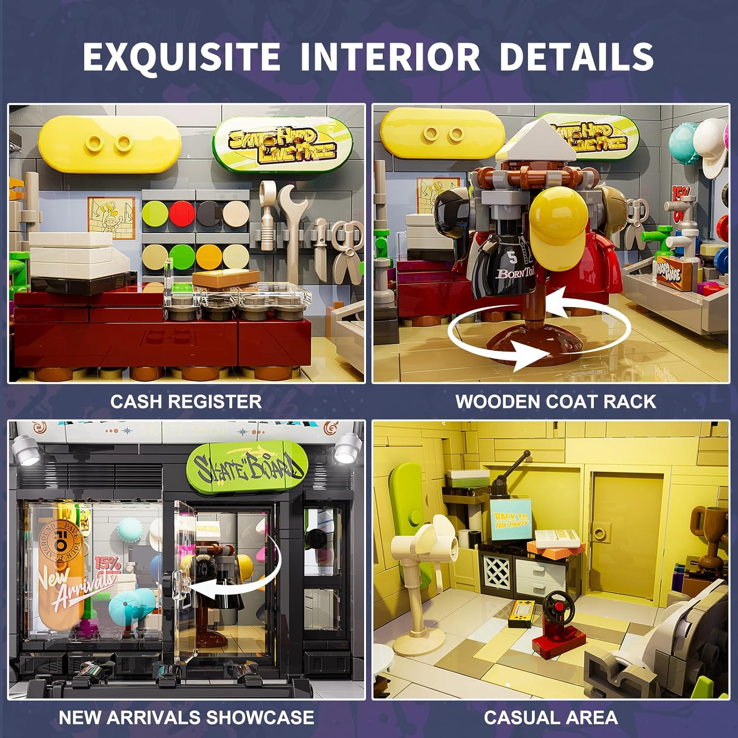 FUNWHOLE Skate Shop Lighting Building Bricks Set - Street Fusion City Skate Store Collection LED Light Modular Building Kit 1573 Pcs for Adults and Teen