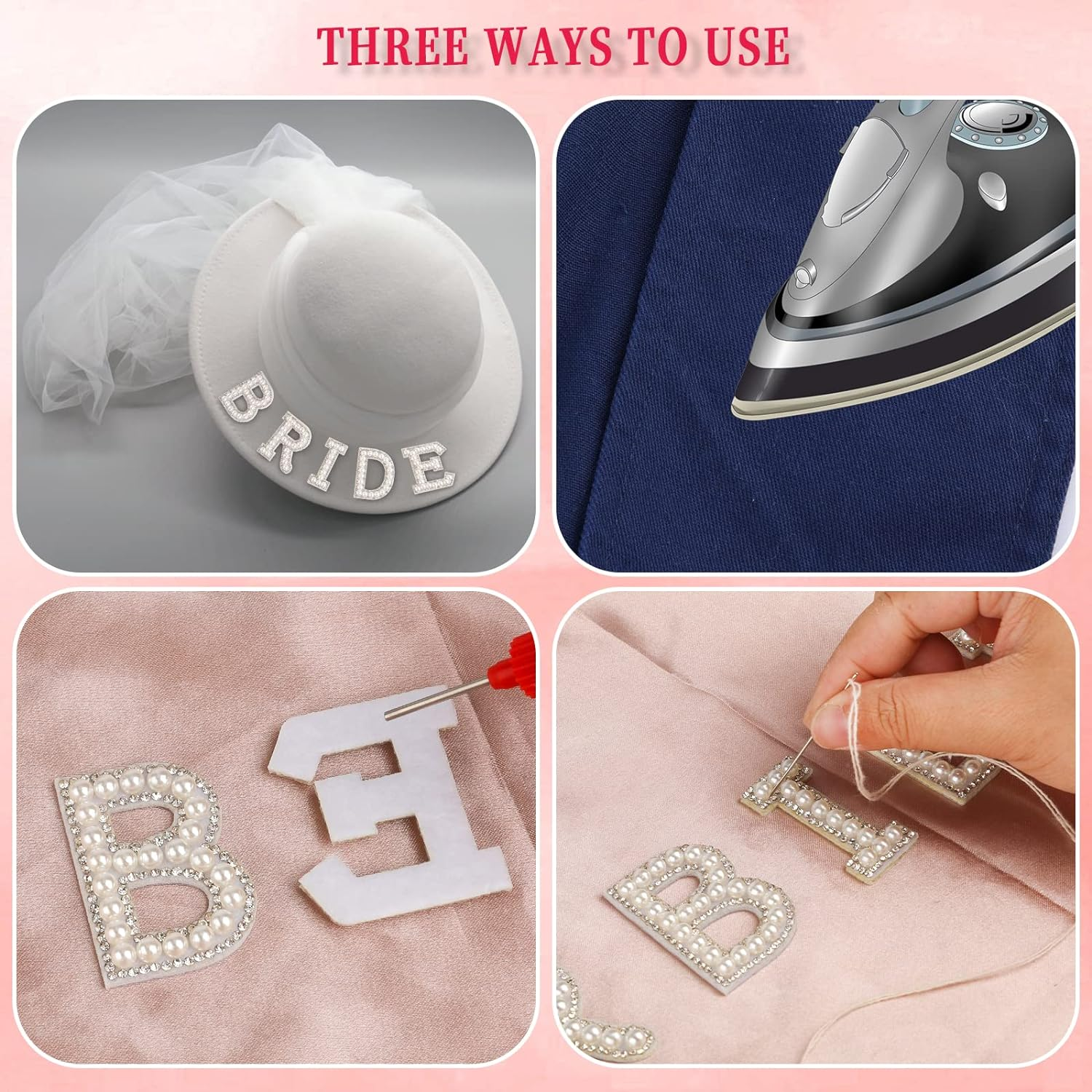 KINBOM 15 Pieces Letter Patches Pearls, Appliques Bridal Pearls Rhinestones Shiny Adhesive Letter Patches for Clothes Hats Shoes DIY Craft Supplies image number 1