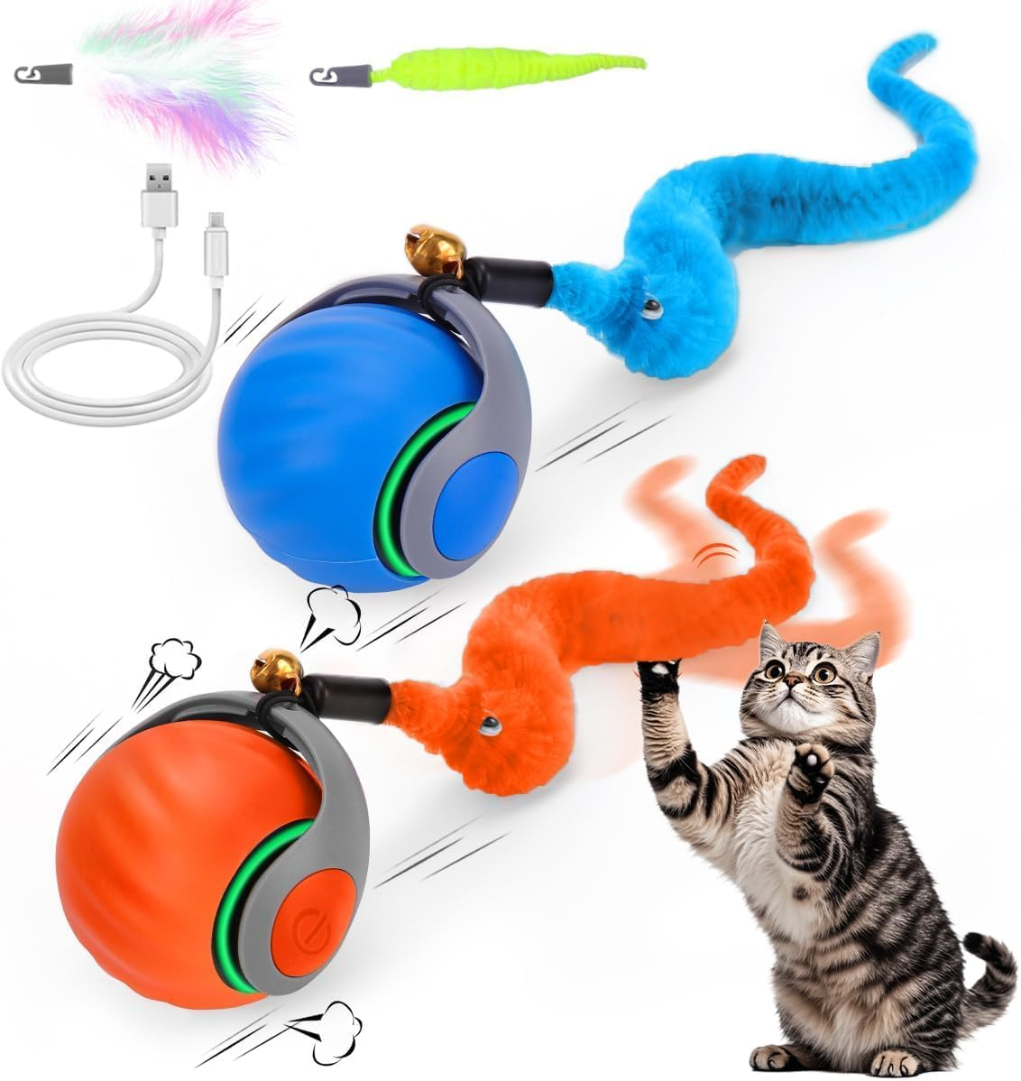 APEXORIGIN 2 PCS Interactive Cat Toy Ball, Automatic Cat Toys for Indoor Cats - Speedy Kitten Toys for Indoor Cats with Feather Tails for Chasing, Two Modes & One-Click Switching (Blue and Orange) image number 3