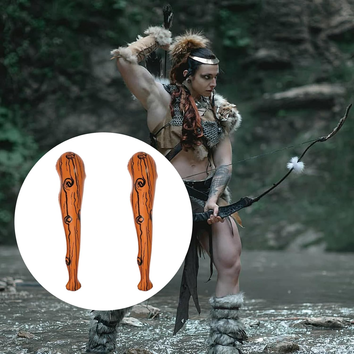 Kuskins 2 Pack Inflatable Caveman Clubs - 26Inch Stone Age Bats for Halloween, Cosplay & Costume Accessories - Adult Cave Man Props, Themed Party Decor, Inflatable Baseball Bat (Brown, S) image number 5