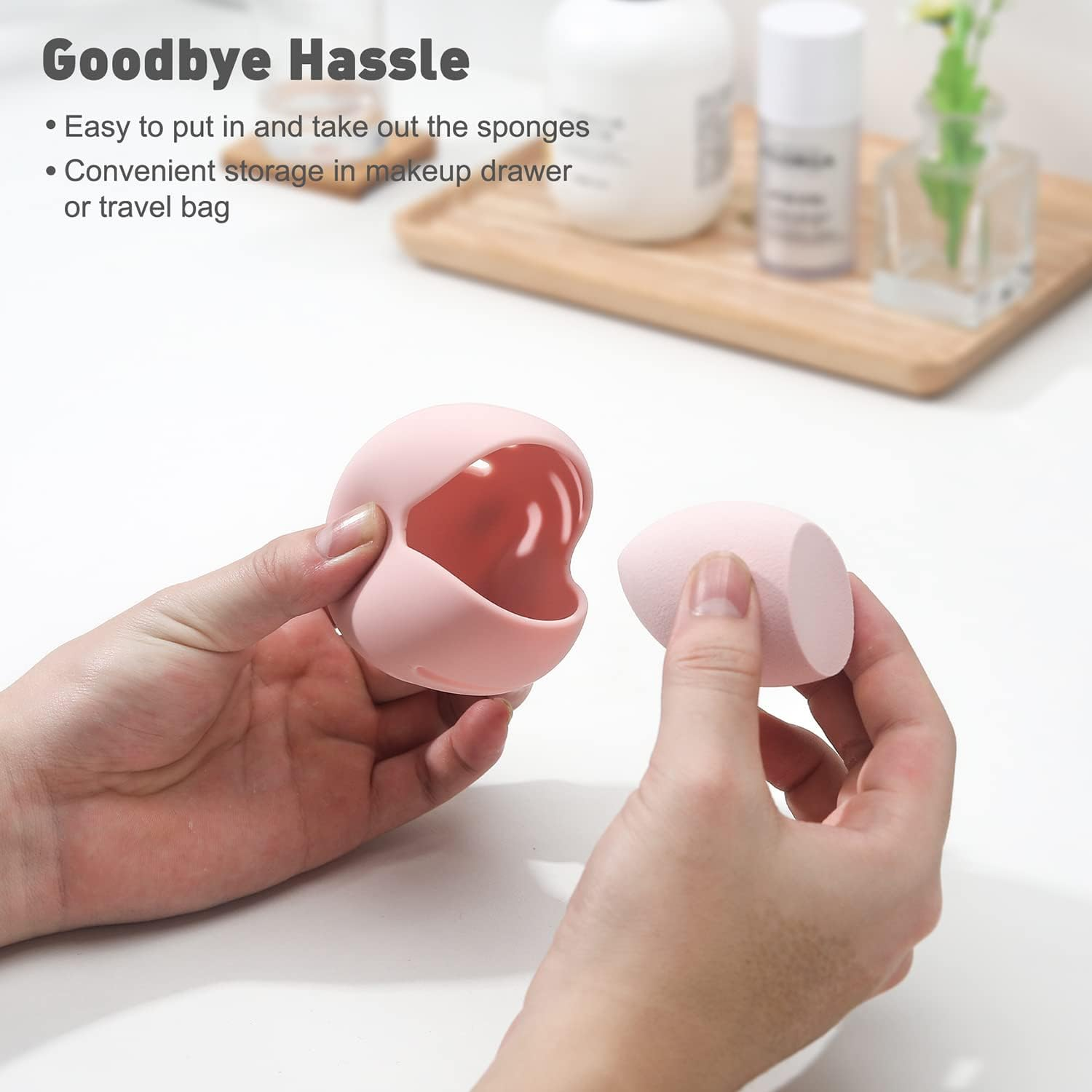 BEZOX Makeup Blender with Holder, Non-Latex Beauty Sponge with Case of Premium Silicone for Blending Liquid Foundations Cosmetics, Travel Sponge Holders, Soft and Skin-Friendly - Pink image number 4