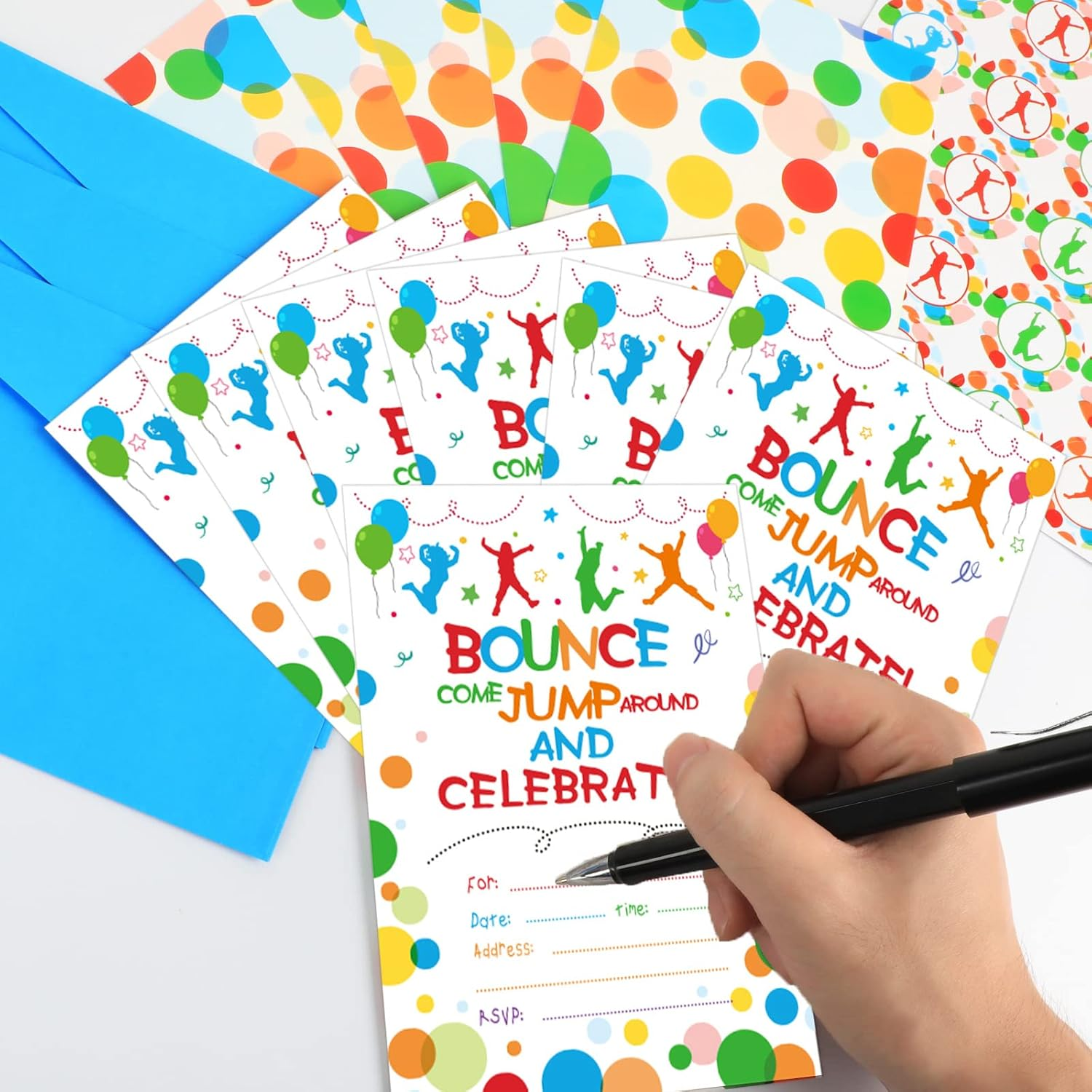 30 Pack Bounce House or Jumping Birthday Party Invitation Jump Bounce House Party Invitation Cards, 30 Trampoline Sticker Labels with 30 Envelopes Bounce House Party Decorations Supplies for Boys image number 2