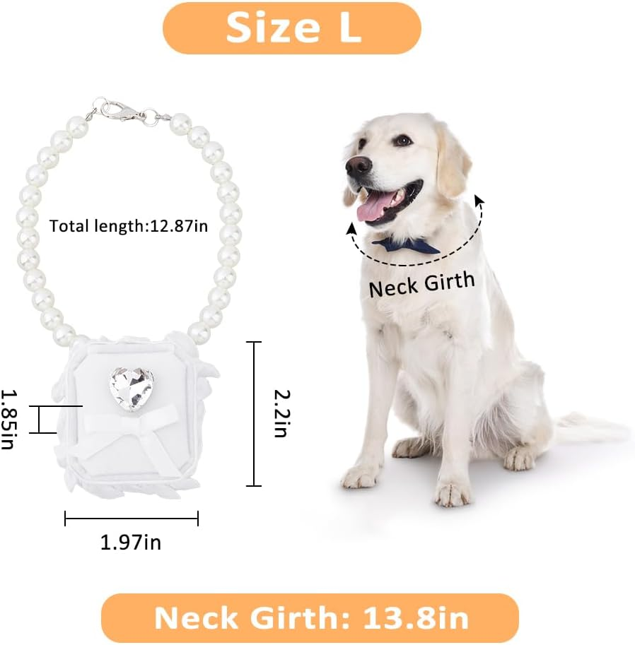SUPERFINDINGS Pearl Cat Collar White Velvet Ring Box Wedding Dog Collar with Ring Box Cat Wedding Ring Holder with Pet Collar Rhinestone Couple Ring Bearer Box for Proposal Engagement Wedding 13Inch image number 5