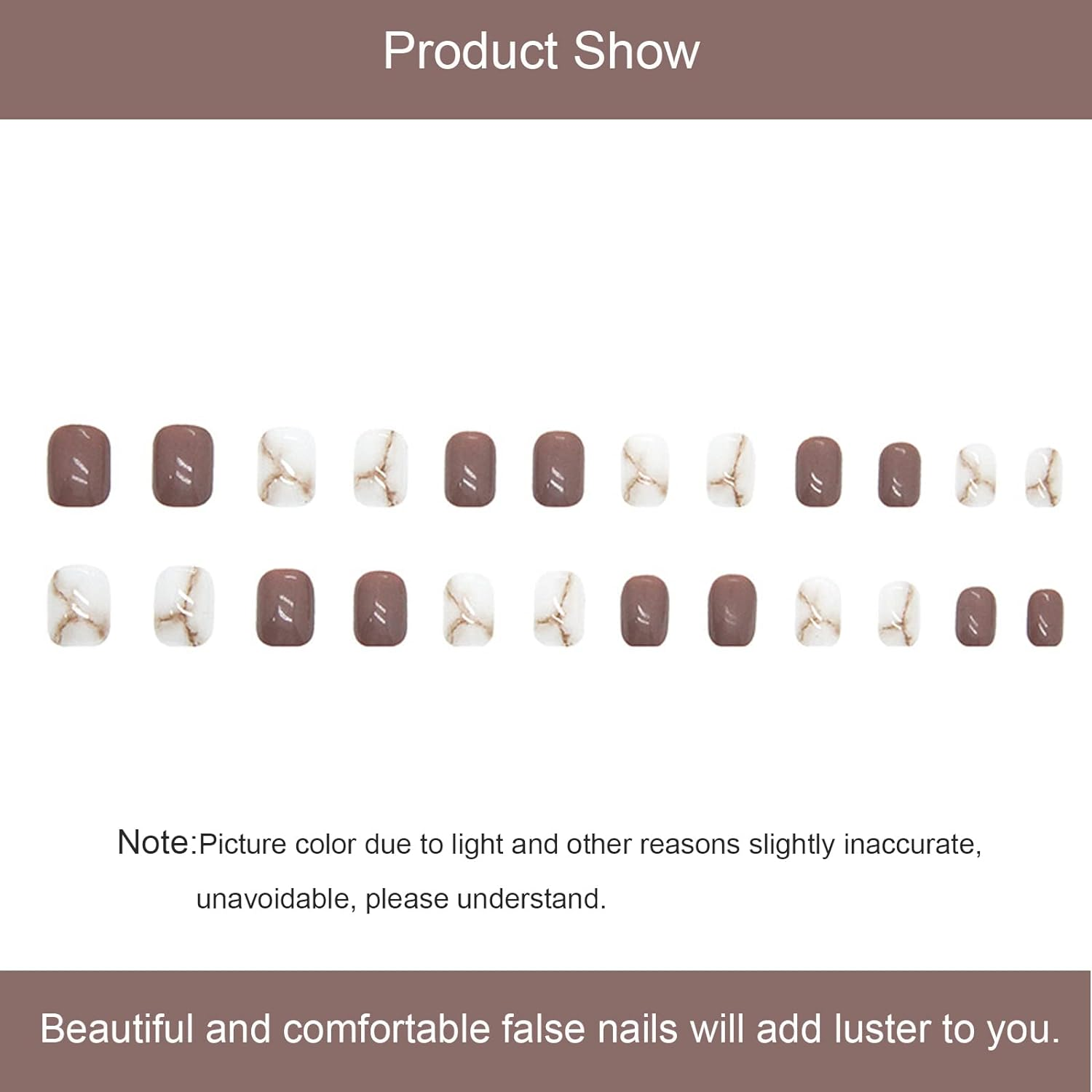24 PCS Marbled Halo Press on Nails Short Fake Nails Brown & White False Nails Wearable Fake Nails Glossy Fake Nails Gifts for Women and Girls image number 2