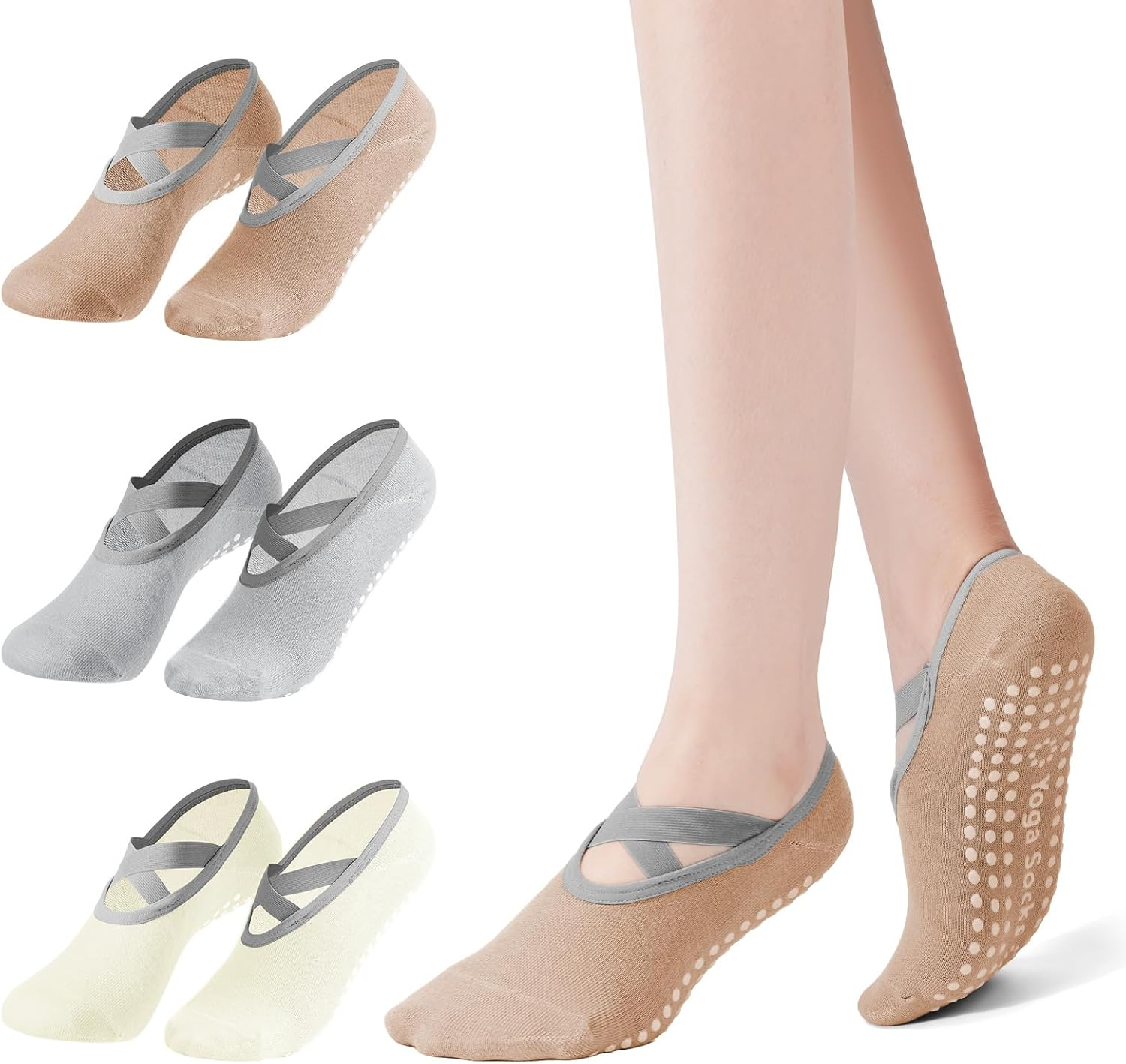 3 Pairs Pilates Socks with Cross-Straps for Women, Anti-Slip Pilates & Yoga Socks with Grips for Ygoa, Barefoot Exercises, Hospital, Indoor Workouts