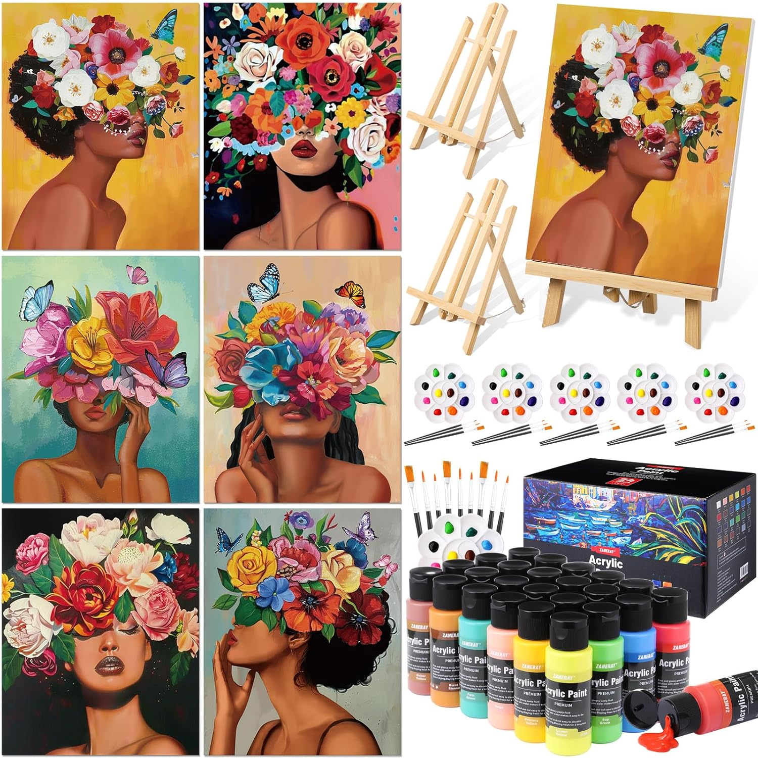 Amazingspark 6 Set Paint and Sip Kit for Adults 8"X 10" Pre Drawn Canvas for Painting Dly Acrylic Paint Set Canvas Panels Wood Easel, 24 Colors 60Ml 2Oz for Date Night Party Favors (Art Lady) image number 1