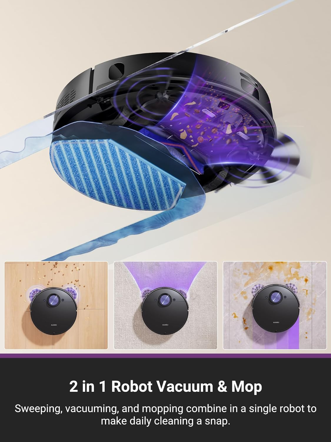 EUREKA NER710 Robot Vacuum Cleaner and Mop with 8000Pa Suction, 5Th-Gen LDS, Multi-Floor Mapping, 180 Min Runtime, 3 in 1 Robotic Vacuum Cleaner for Pet Hair, Carpet, Hard Floors, Work with App/Alexa image number 3