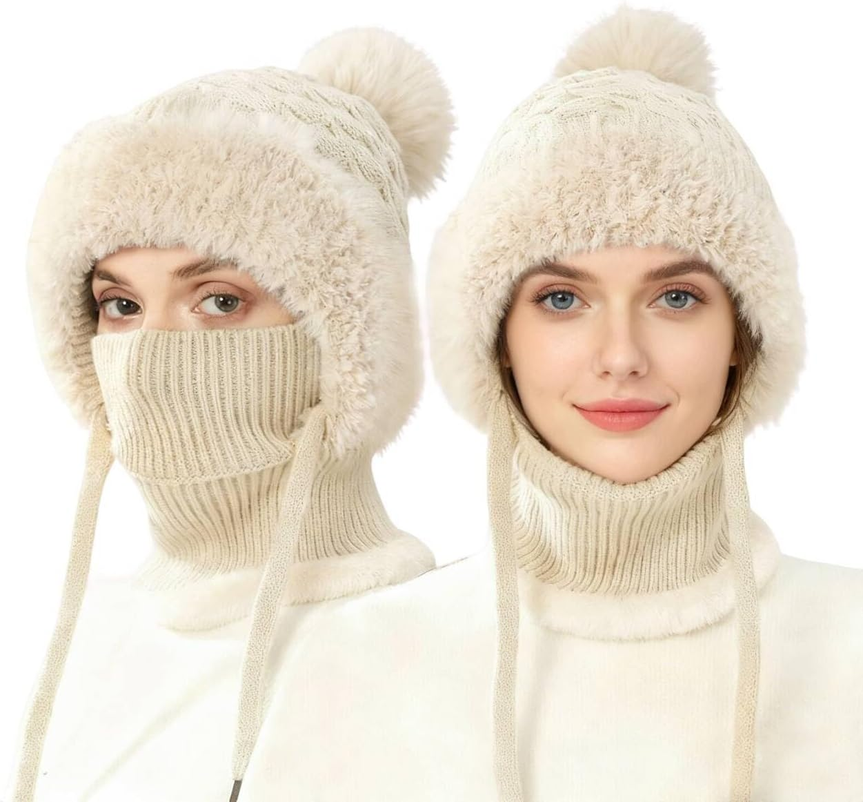 Bobble Hat for Women, 3 in 1 Winter Knitted Beanie Hat with Neck Warmer and Face Cover, Thick Fleece Lined Windproof Thermal Wooly Hat for Cycling Skiing Cold Weather