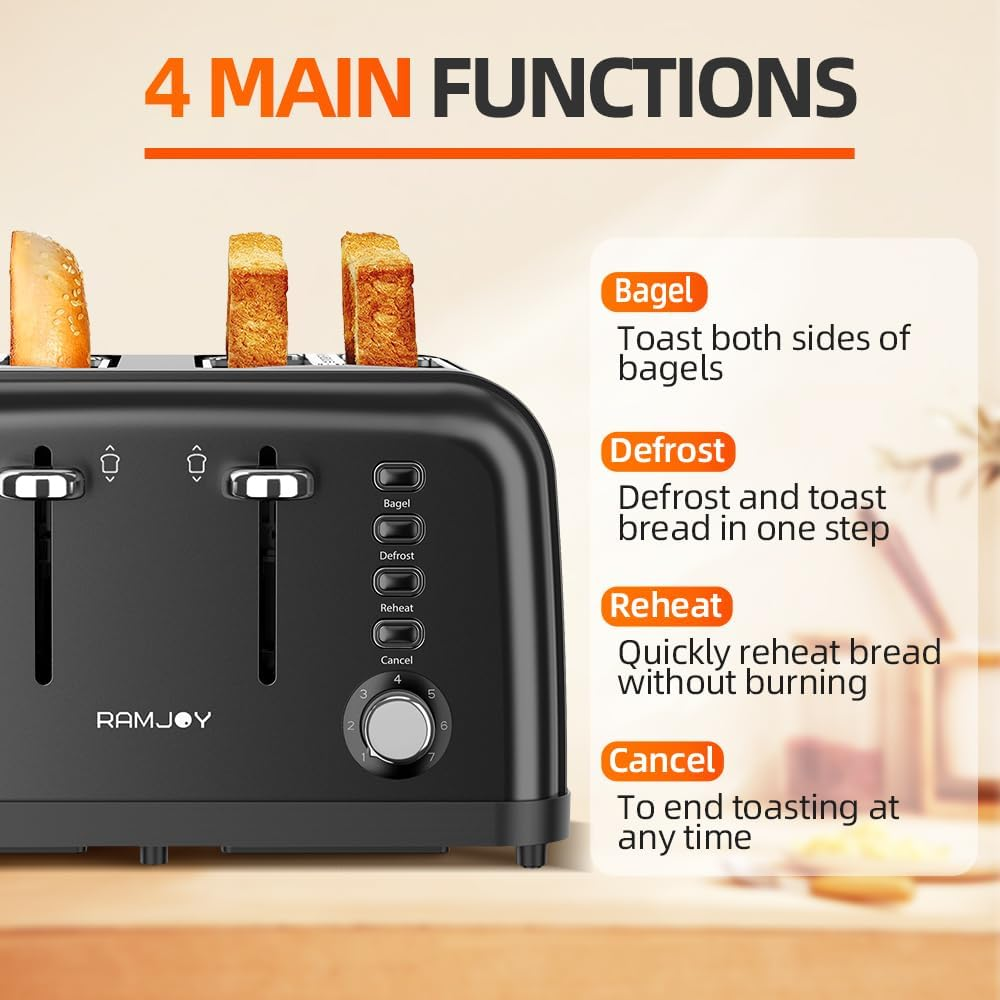 Toaster 4 Slice, Dual Independent Controls, Extra Wide Slot Toasters for Bagel, Bread, Waffles, 7 Shade Settings, 4 Main Functions, Removable Crumb Tray, 1500 Watts, Black image number 4