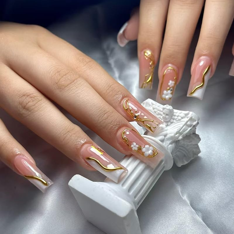 Mouyouglow Press on Nails Long, Square White French 3D Daisy Flowers Floral Gold Striped Design Fake Nails with Nail Glue, White French Flowers Y2K INS Pearl Artificial Fingernails image number 5