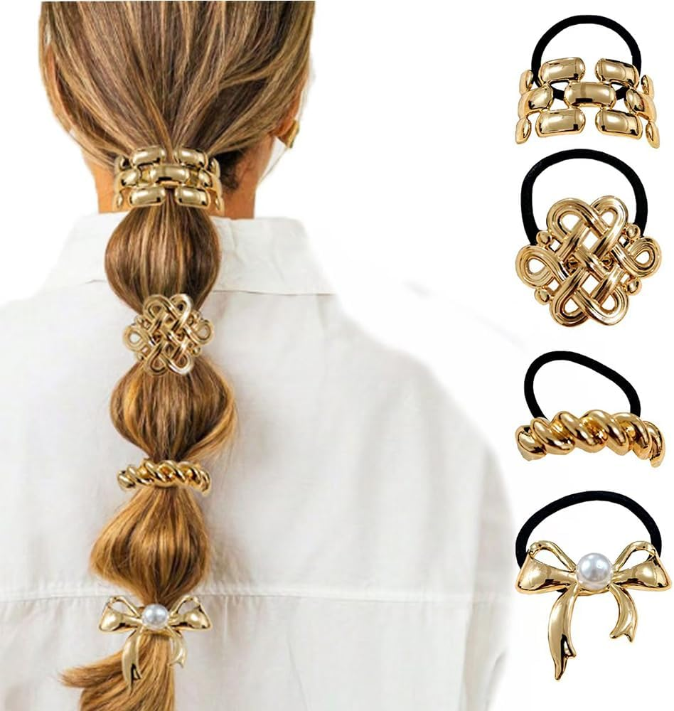 Hair Cuffs for Ponytail, Metal Hair Cuff, Hair Scrunchie, Gold, Hair Cuffs for Ponytails, Punk Hair Holder, Gold Ponytail Cuff for Fine Hair, Pack of 4