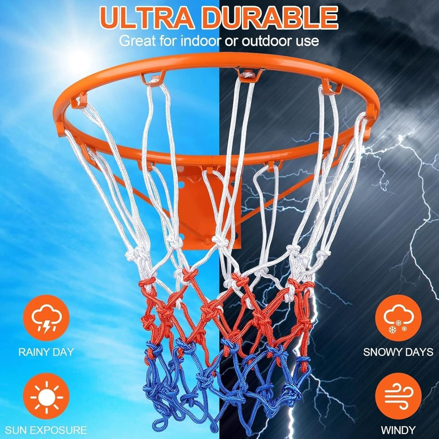 2 Pack Basketball Net Replacement, Professional Grade 12 Loop Indoor & Outdoor Nets, All-Weather Fade Resistant Design with Anti-Whip Technology (Red/White/Blue)