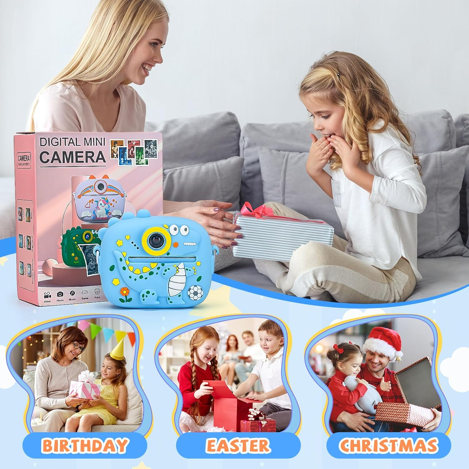 Kids Camera Instant Print with 64GB Card 3 Roll Print Paper & Color Pens Camera for Kids Digital Camera Toddler Camera Toys Gifts for 3-12 Year Old Girls Boys (Blue Dinosaur) image number 5
