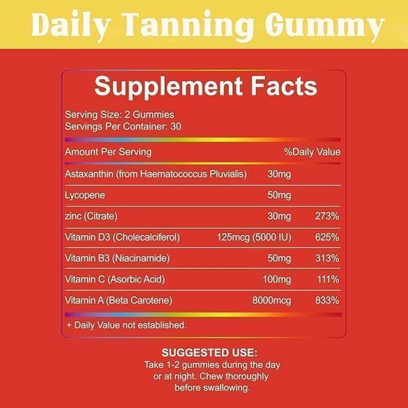 Tanning,Natural Tanning Gummies with Astaxanthin 24Mg, Lycopene 50Mg, Beta Carotene 7500 Mcg Supplement Supports Skin Health & Glow 60 image number 3
