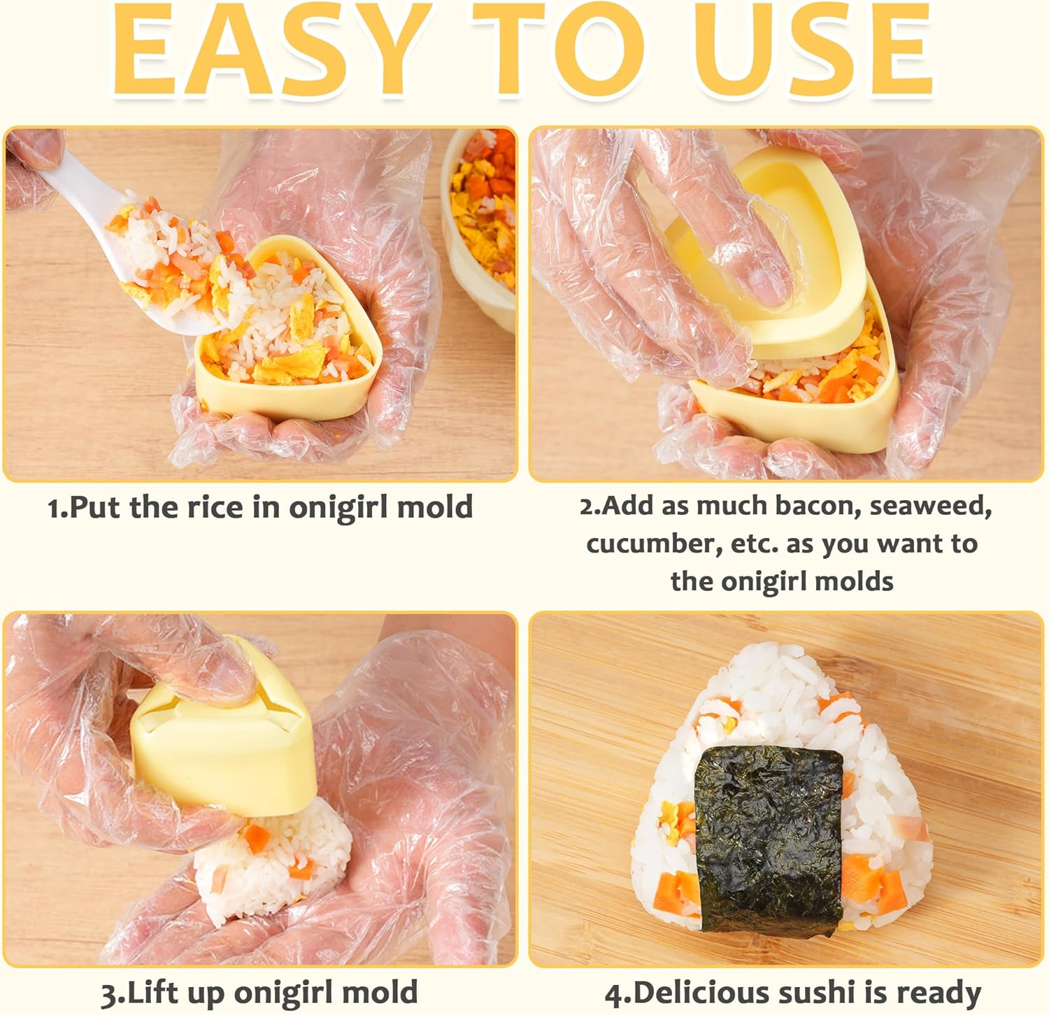 Onigiri Mold, 2 PCS Rice Ball Mold Maker Kit, Non Stick Classic Triangle Sushi Making Molds Kit for Japanese, Rice Ball Maker for Lunch Bento Home DIY image number 4