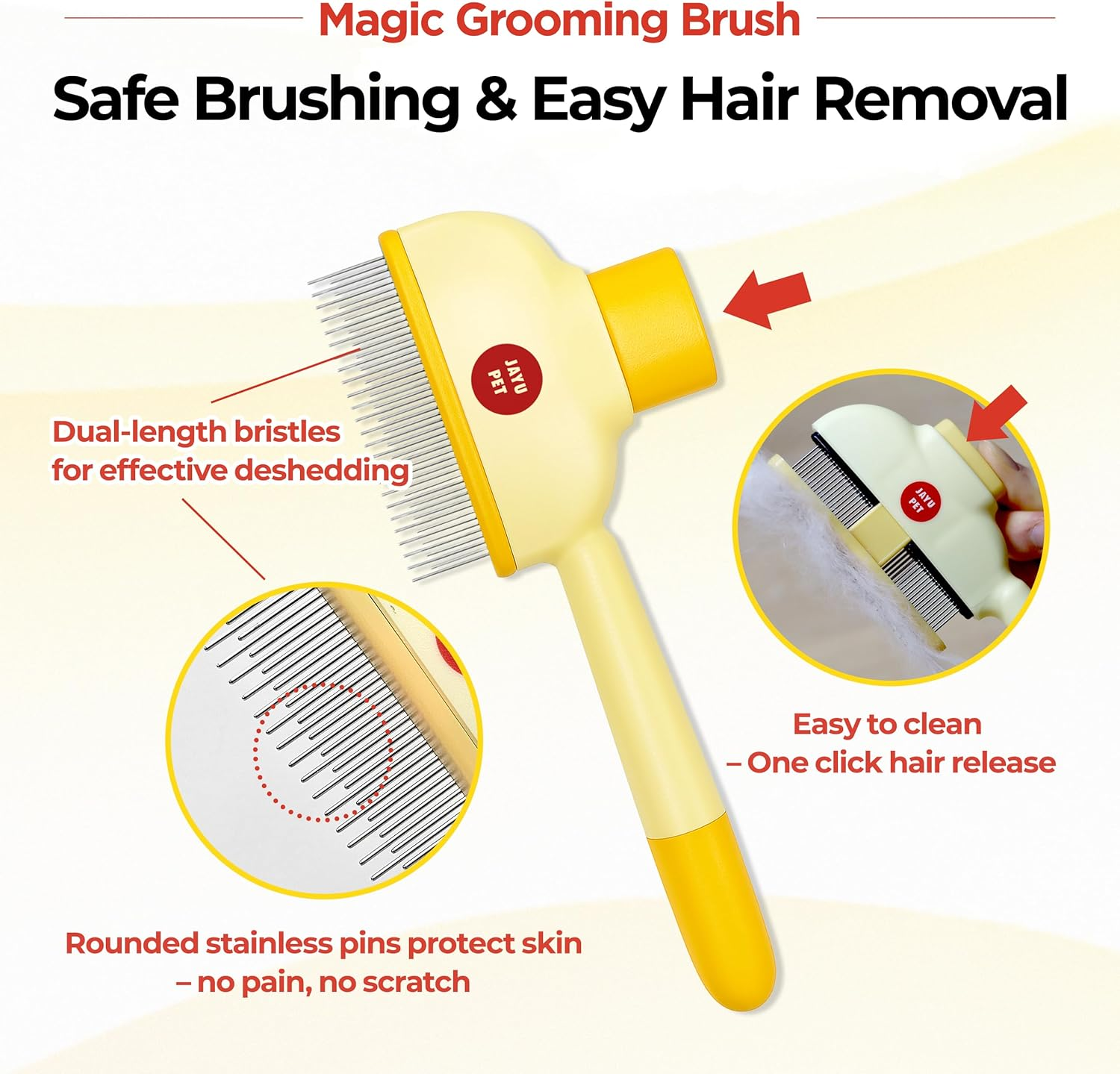 JAYU PET Magic Grooming Brush &ndash; Cat Brush for Shedding, Dual-Length Stainless Steel Bristles, One-Click Self-Cleaning, Vertical Deshedding Comb, Professional Pet Grooming Tool