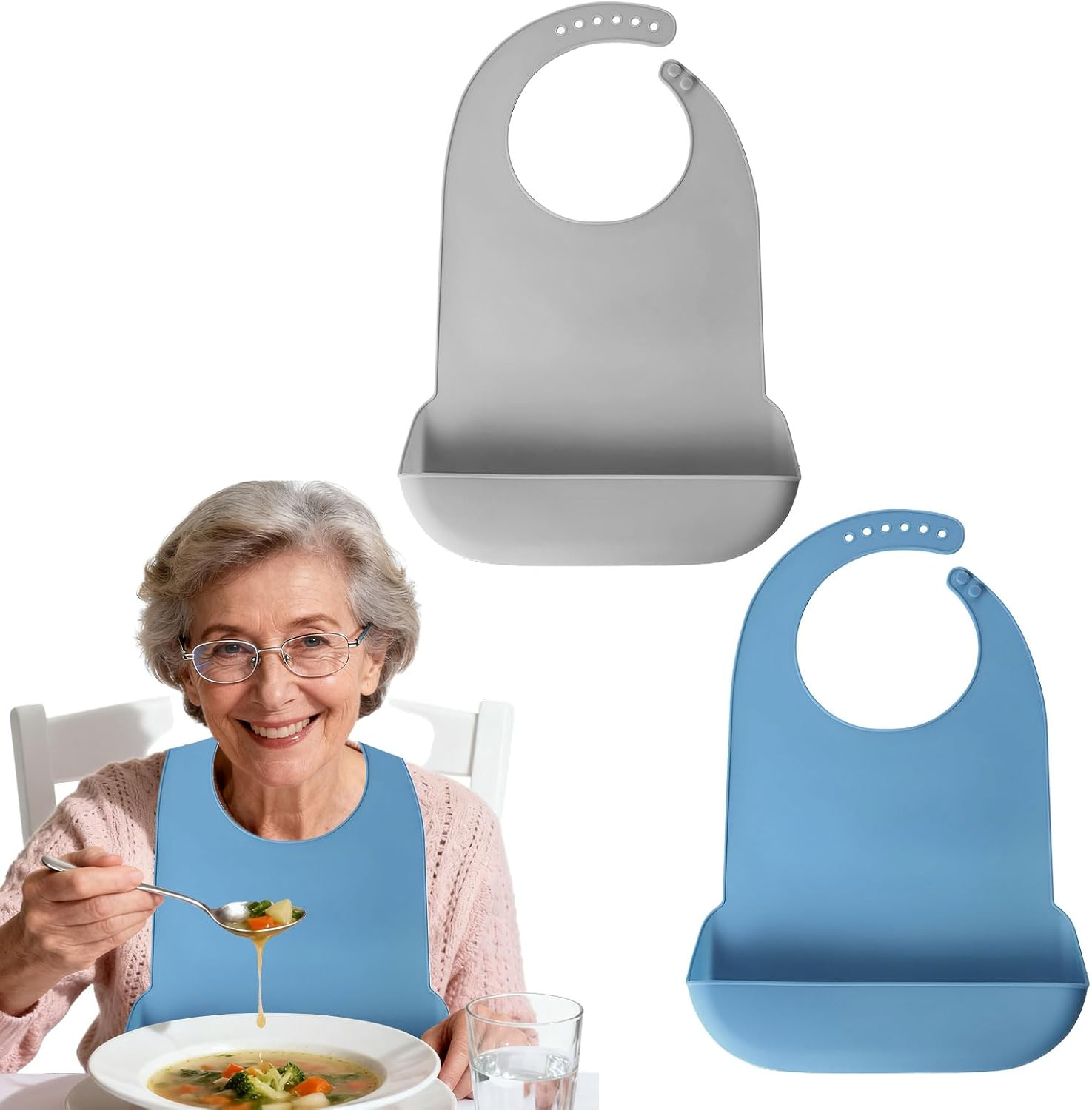 Silicone Bib, 2Pcs Adult Bib, Bibs, Silicone Adult Bibs with Crumb Catcher, Waterproof Clothing Protector, Reusable, Adjustable and Washable Bib, Suitable for Men, Women, Elderly(Blue/Grey) image number 1
