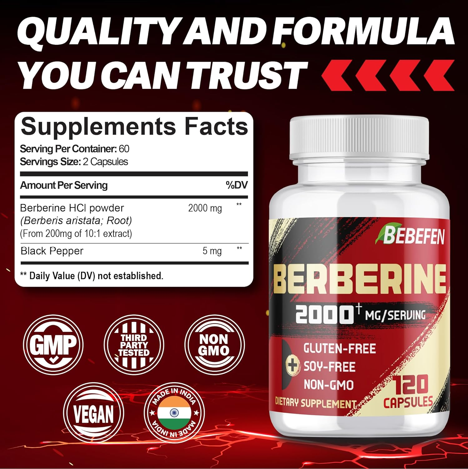 BEBEFEN Berberine Hcl Supplement - Non-Gmo and Gluten-Free Formula - 120 Capsules image number 1