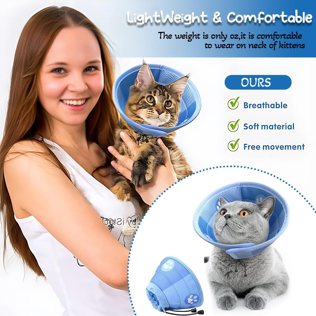 Cat Collar, Soft Adjustable Collar for Cats, Cat Collar, after Surgery and Injuries, Prevents Licking Wounds, Cat Collar, Cat Collar (Blue, S) image number 1