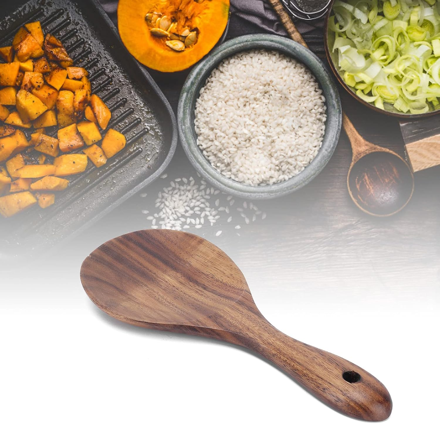 Rice Paddle, Non-Stick Natural Wooden Rice Spoon Shallow round Head Rice Spoon Rice Spoon image number 5