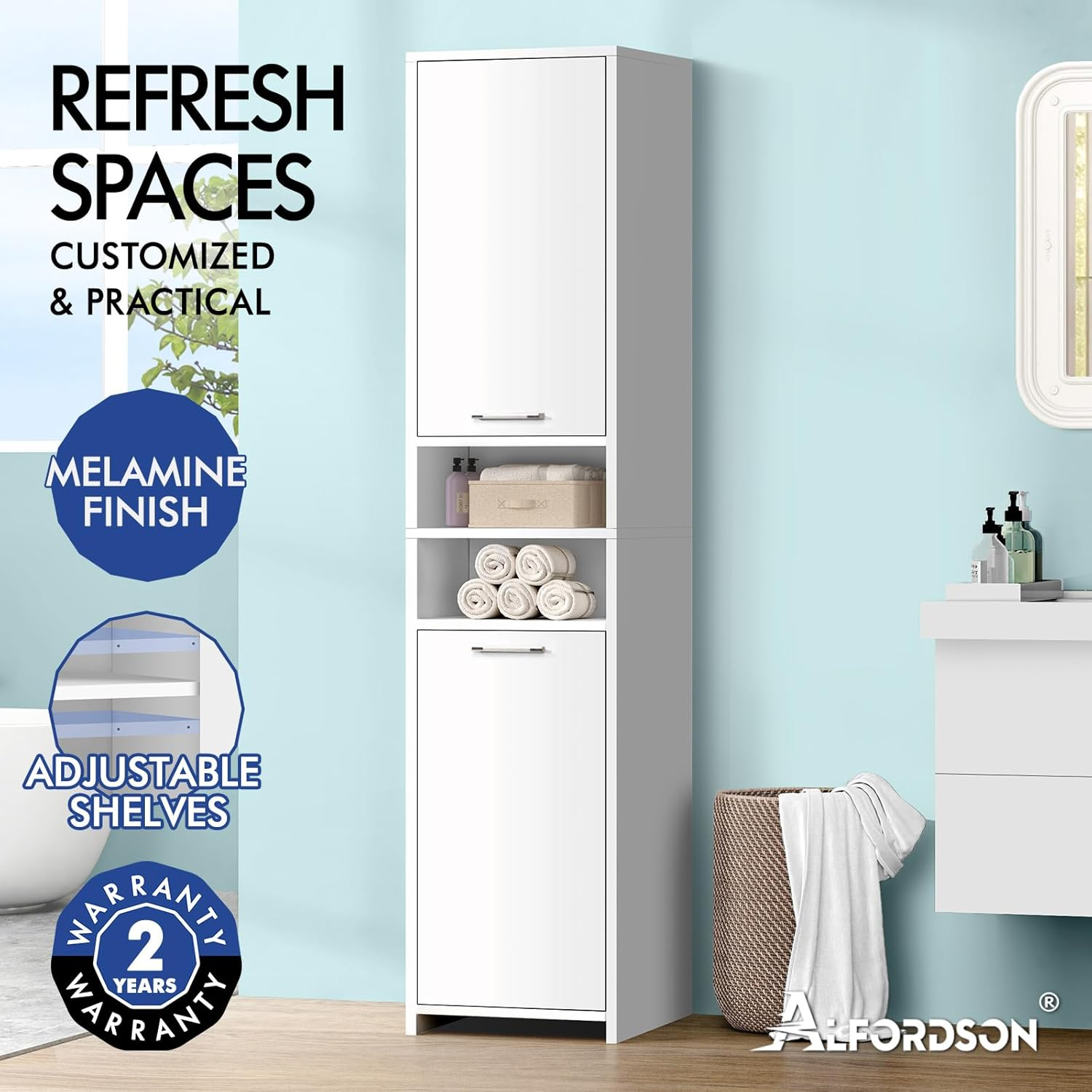 ALFORDSON Tall Chests of Drawers with Handles, Dresser Drawers Hallway Tallboy for Bedroom, Living Room Side Cabinet Standing Storage Cupboard, Indoor Furniture Home Organiser Sideboard, White Colour image number 5