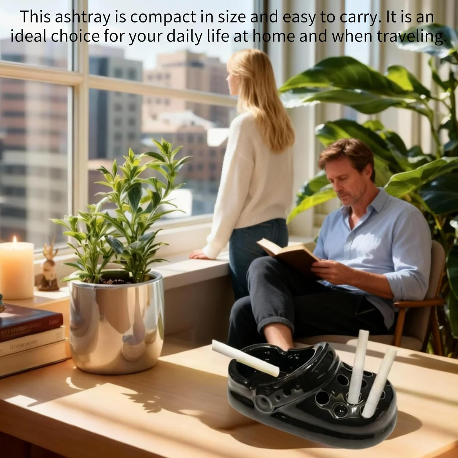 Kalione Ceramic Shoe-Shaped Ashtray, Decorative Holder, Indoor Outdoor Desktop Tray with Perforated Design,Home Decor, Office, Windproof Outdoor,Jewelry Tray,Black image number 3