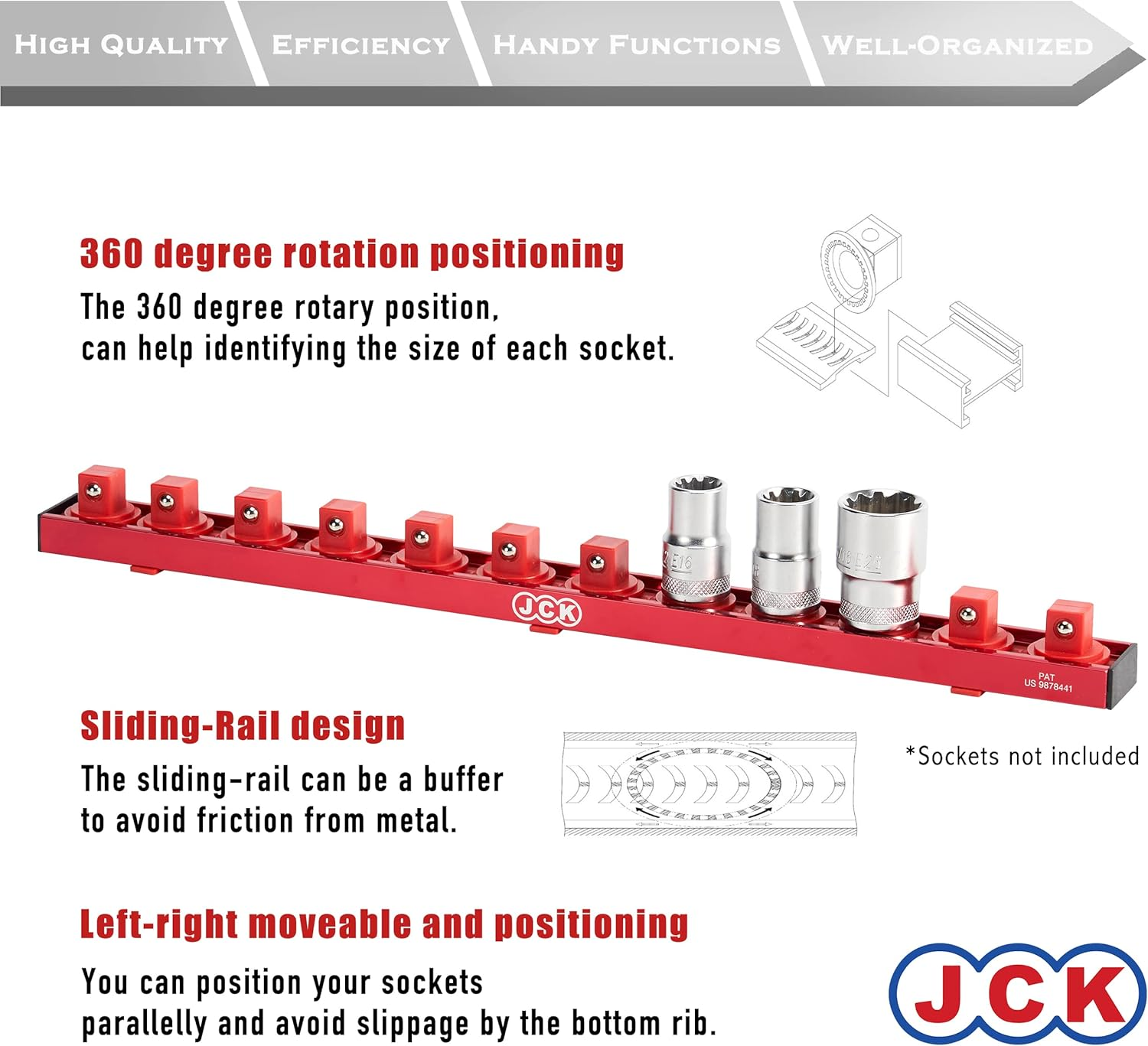 JCK Professional Quality Aluminum Socket Organizer (1/2" Socket) with Special Designed Strip & 360 Degree Rotary Positioning Studs Red for Metric/Imperial Tool Organizer Secure Socket Storage Toolbox image number 3