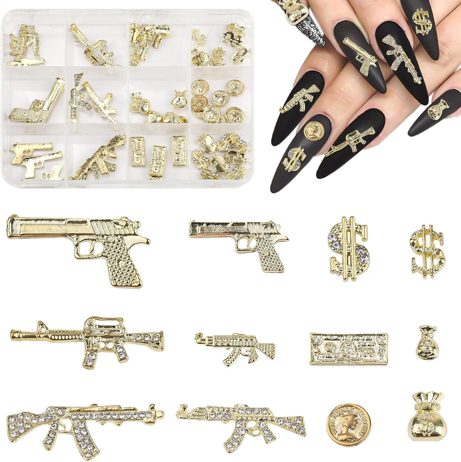 62Pcs 3D Nail Ornaments Gold Alloy Gun Dollar Shape Nail Decoration Accessories for Women Girls Manicure Design DIY Crafts image number 3