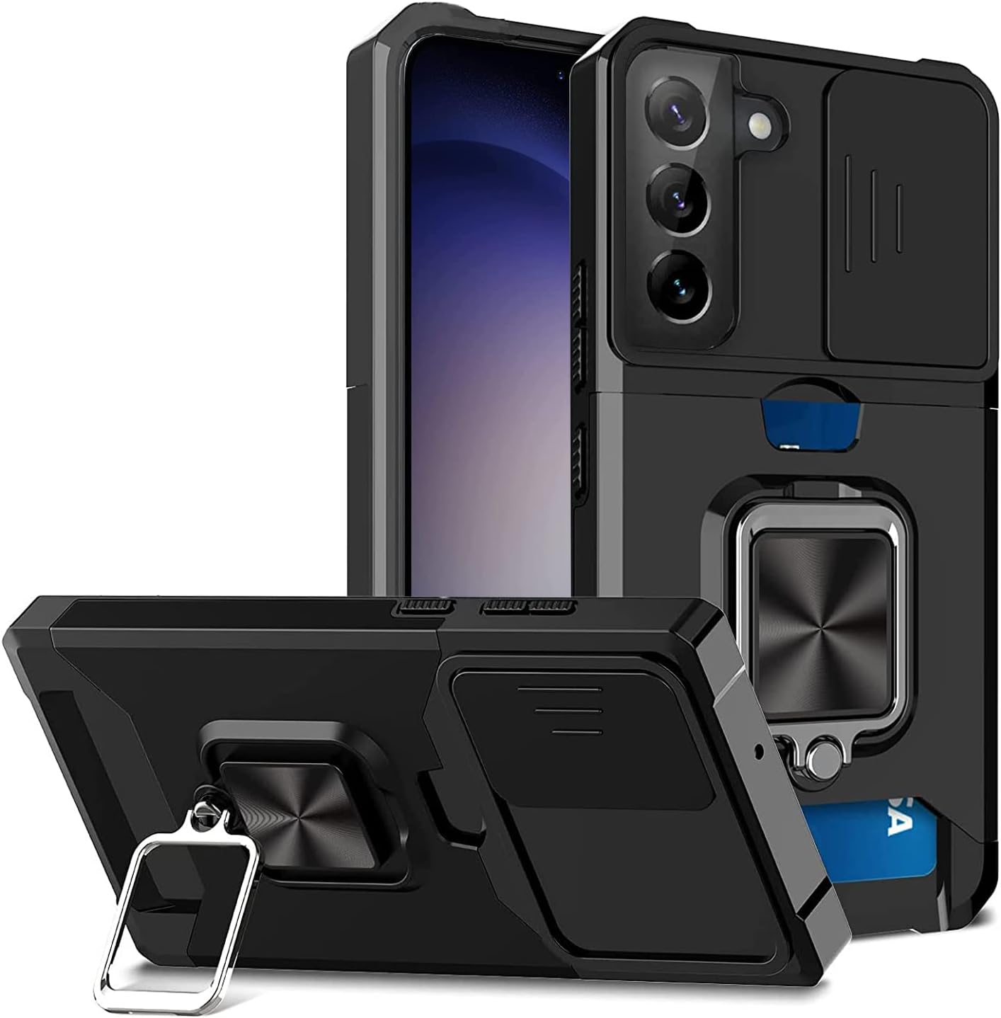 For Samsung Galaxy S23 Case Phone Cover Slide Camera Cover & Card Holder Slot 360&deg; Ring Kickstand Tough Heavy Duty Defender Armor Shockproof Military Galaxy S23 Wallet Case image number 6