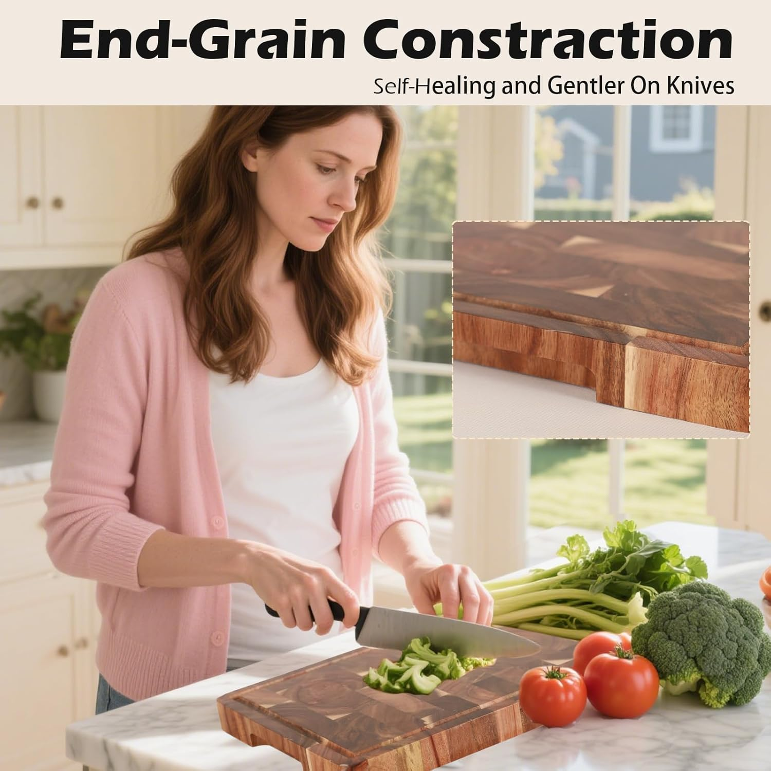 Bierofaro Thick End Grain Acacia Wood Cutting Board, Reversible Wooden Chopping Board with Non-Slip Feet, Built-In Handles and Juice Groove,35 * 25 * 2.8Cm image number 3