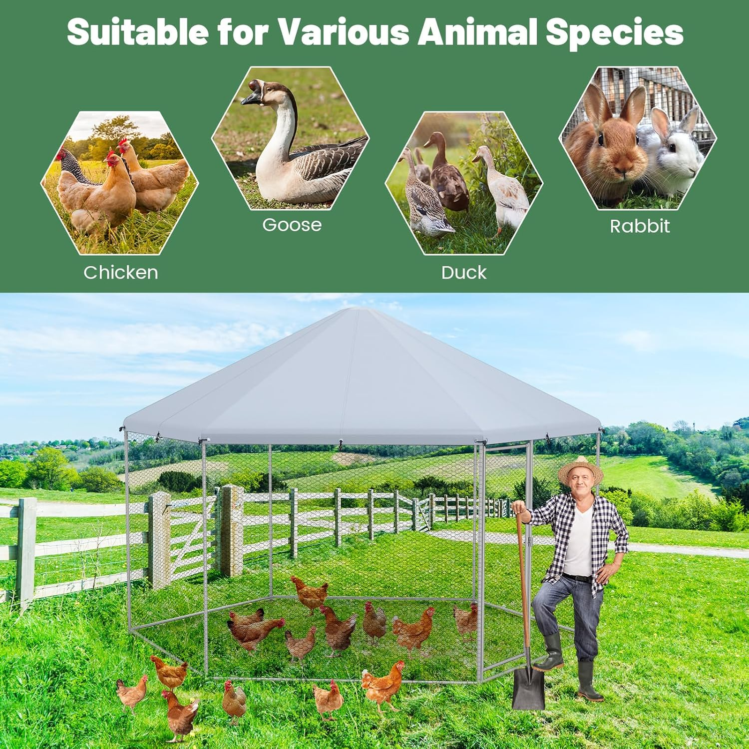 Costway Metal Chicken Coop, Chicken Run House Spire-Shaped Cage W/Wire Mesh & Lockable Door for Duck, Goose, Rabbit, Walk-In Poultry Cage W/Waterproof Cover for Backyard, Farm image number 1