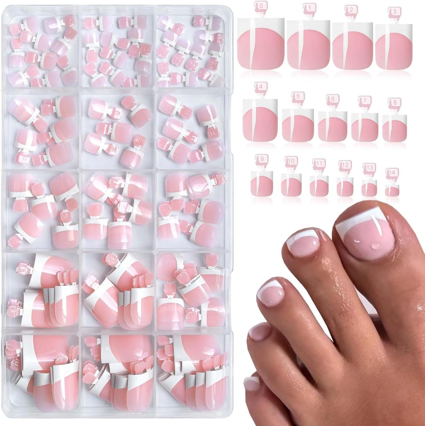 Toe Nail Tips Press on French Fake Short Toe Tips, 150Pcs Tip Toe Nail Press Ons, Square round Acrylic Press on Toenails, 15 Sizes French Wearable Full Cover Fake Toenails(Baby Pink) image number 5